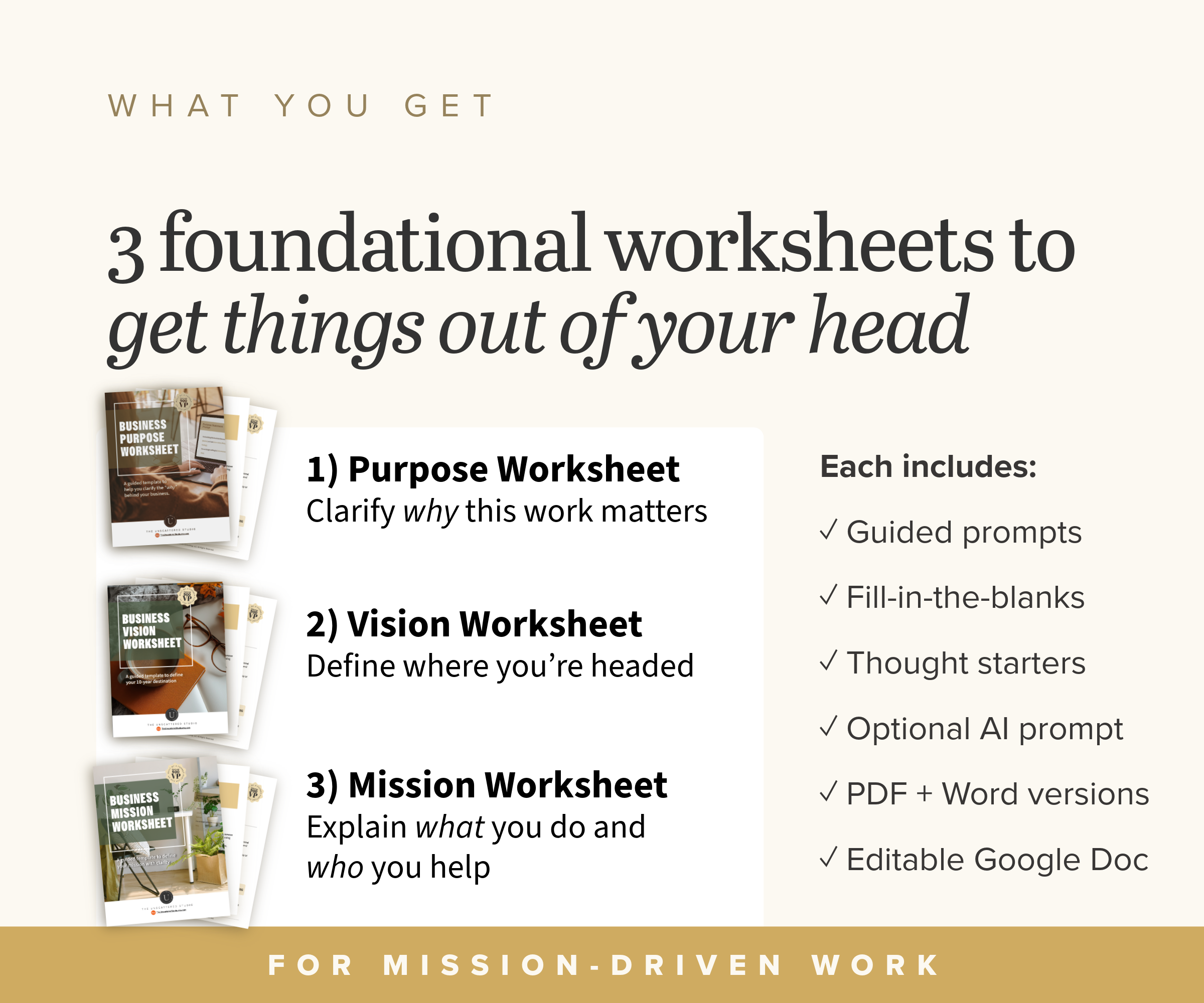 Three Purpose, Vision and Mission worksheets with guided prompts, editable templates and optional AI prompts.