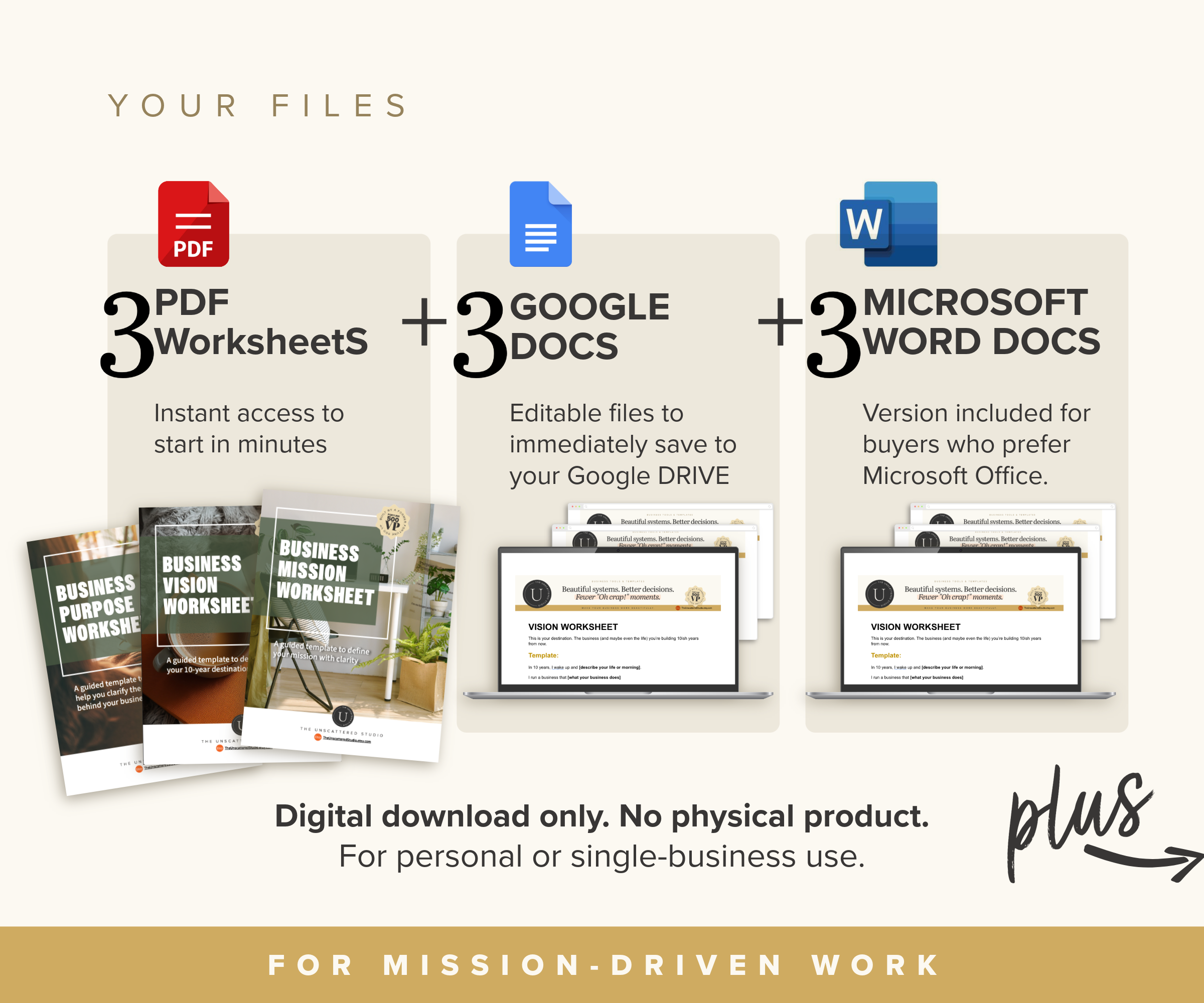 Digital files included in the bundle: three PDF worksheets, three Google Docs and three Microsoft Word documents.