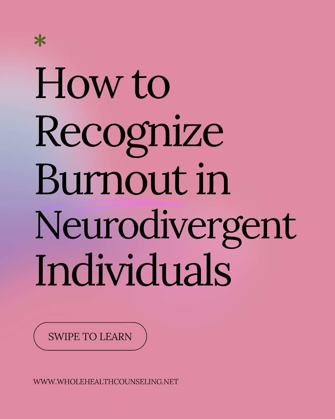 Burnout looks different for everyone, especially if you&rsquo;re neurodivergent. Swipe to learn the signs and how to recover. 🌱
#BurnoutRecovery #MentalHealthAwareness #WholeHealthCounseling #NeurodivergentBurnout
#BurnoutRecovery
#NDMentalHealth
#N
