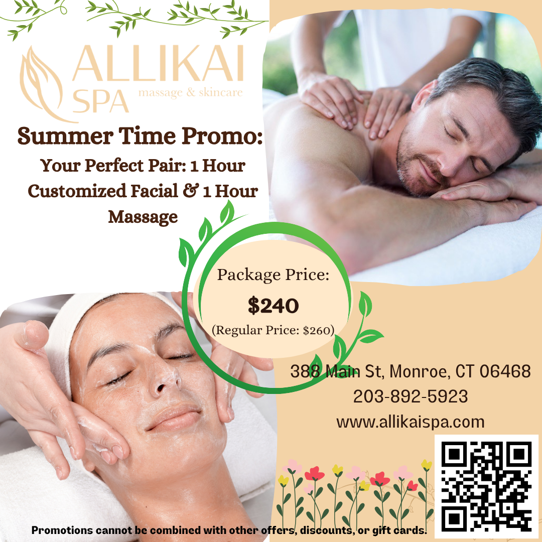 A promotional flyer for Allikai Spa featuring images of people receiving massages and facial treatments, with details about a summer promotion for a combined massage and facial package.