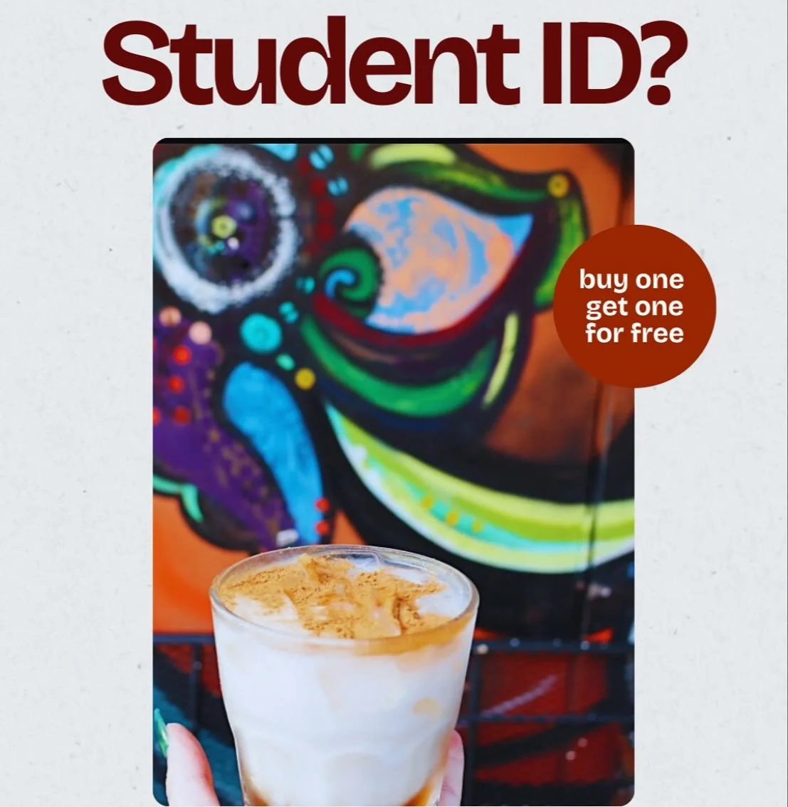 Study breaks just got a lot sweeter with our yearly back to school special starting now!
From TODAY (8/22) until September 1st,
Any student with a valid student ID can get any medium drink of their choice BOGO - think of it as our way of saying welc