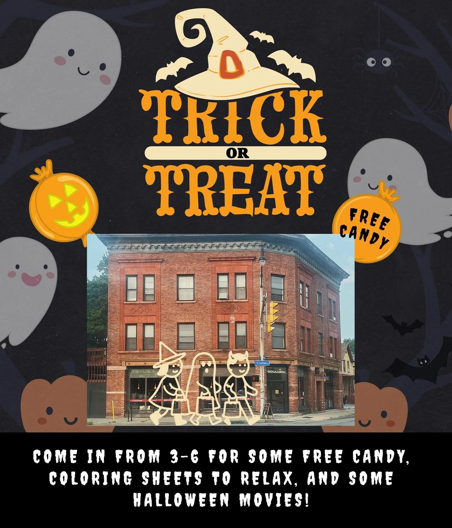 It&rsquo;s our favorite day of the year!!!!
Join us today from 3-6 as we celebrate with some community fun for all ages. We&rsquo;ll have our board games out, with coloring sheets and some classic Halloween movies playing in our main seating area! 🎃