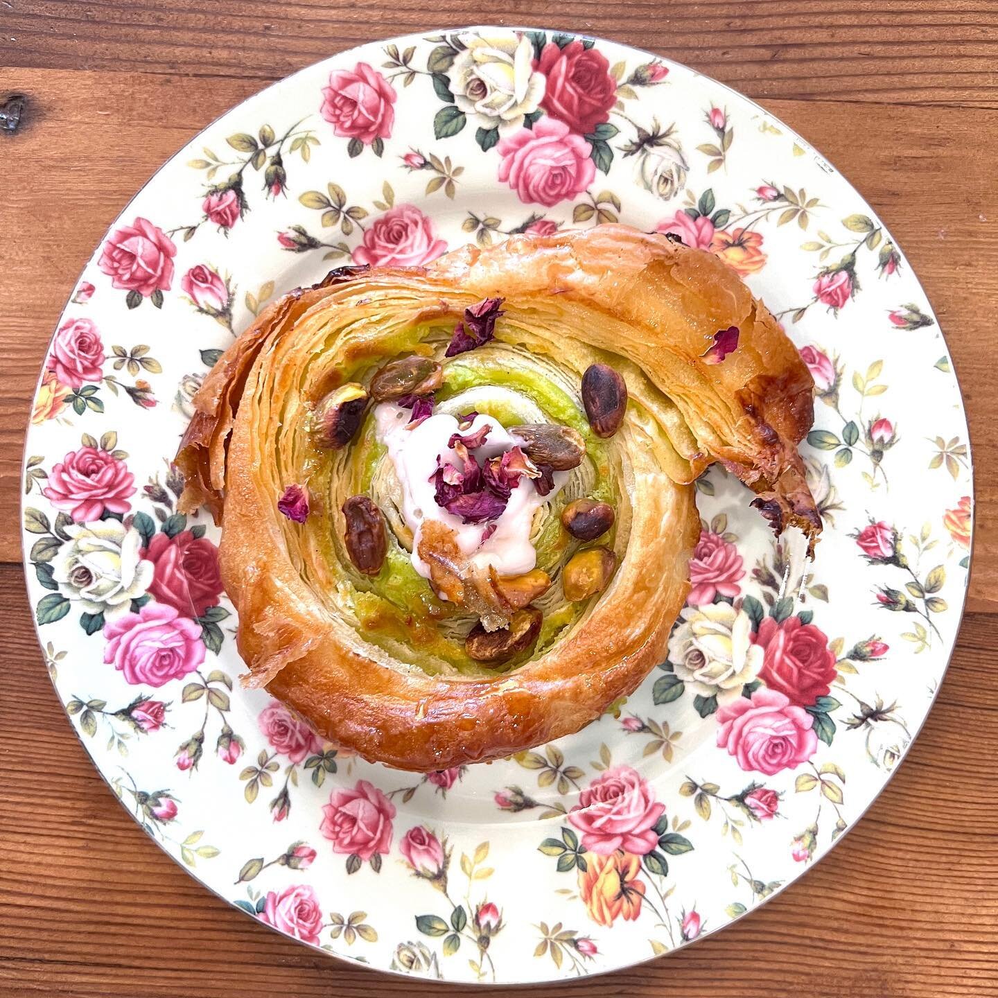 Pistachio roll, topped with a rose water glaze 😋 #croissant