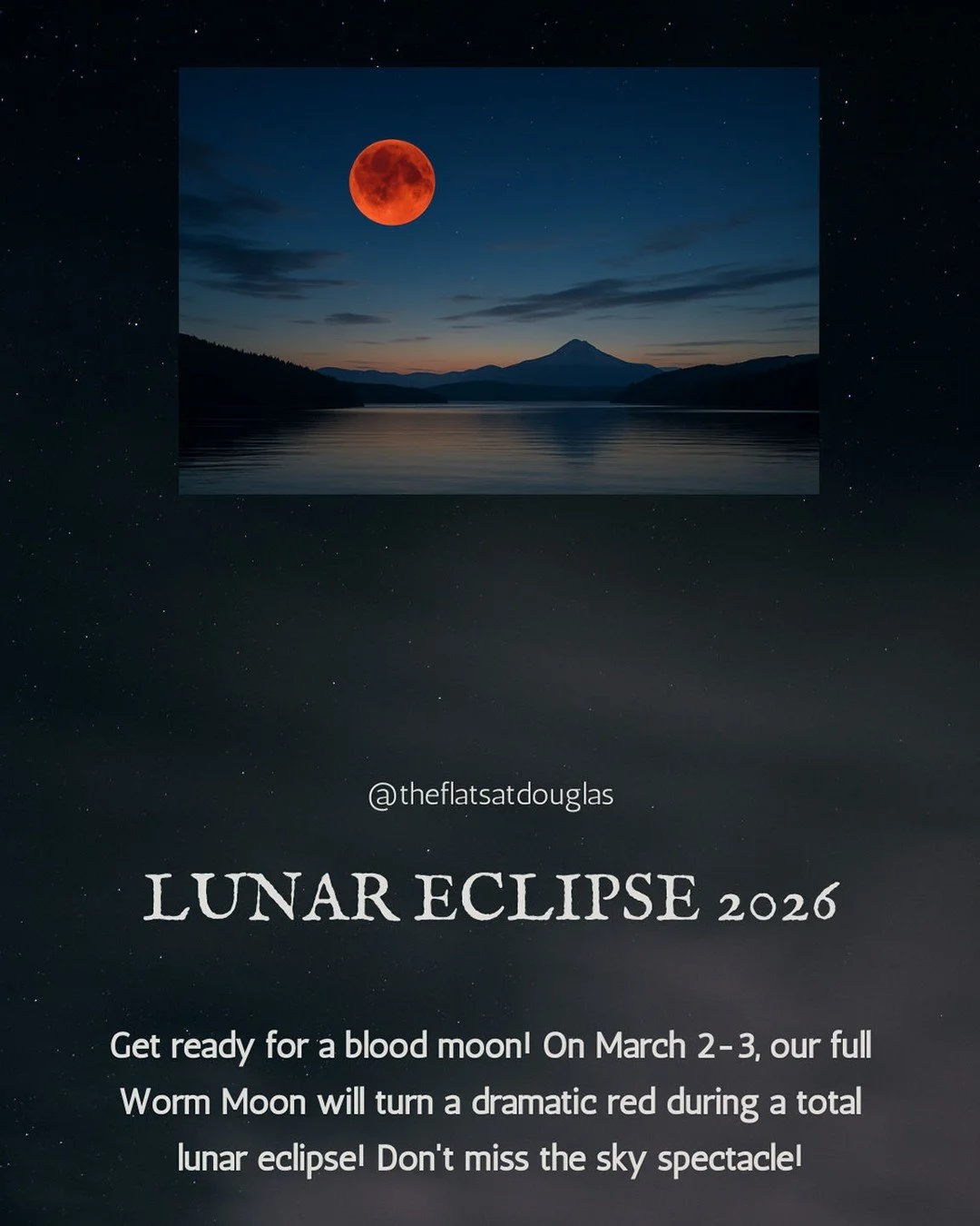 Today and tomorrow , be sure to check out the #LunarEclipse!  This blood moon wont happen again until 2028-29! Post your eclipse pics in the comments! 🌒 #skywatch #lovewhereyoulive #theflatsatdouglas