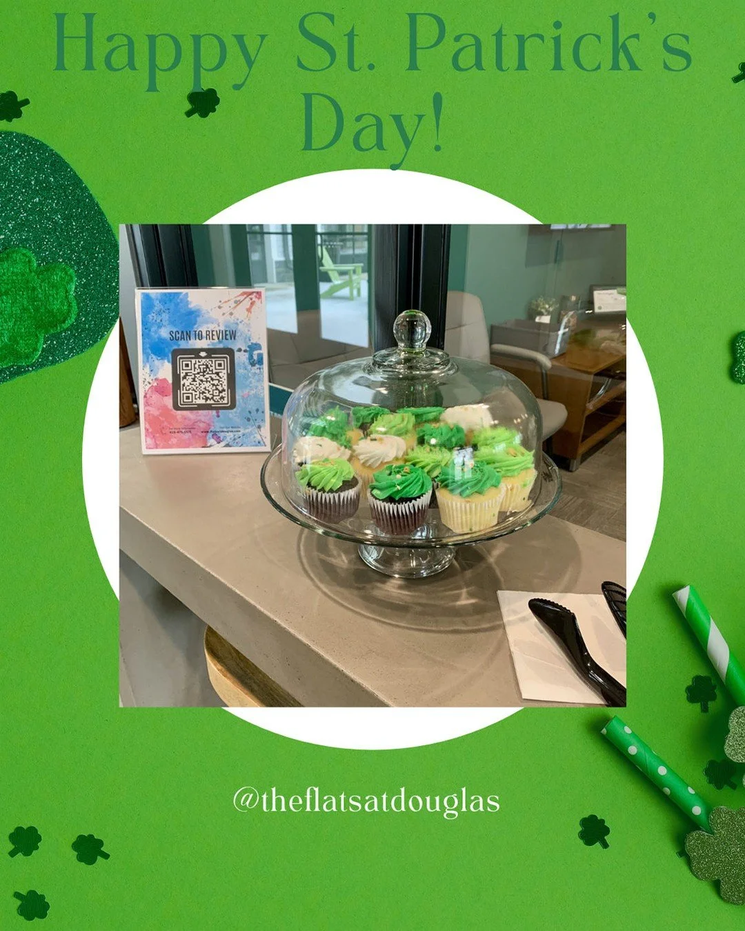 Hello Residents! Join us in the clubhouse for a sweet St. Patty's day treat! First come, first serve. #stpattysday #theflatsatdouglas #lovewhereyoulive 🍀