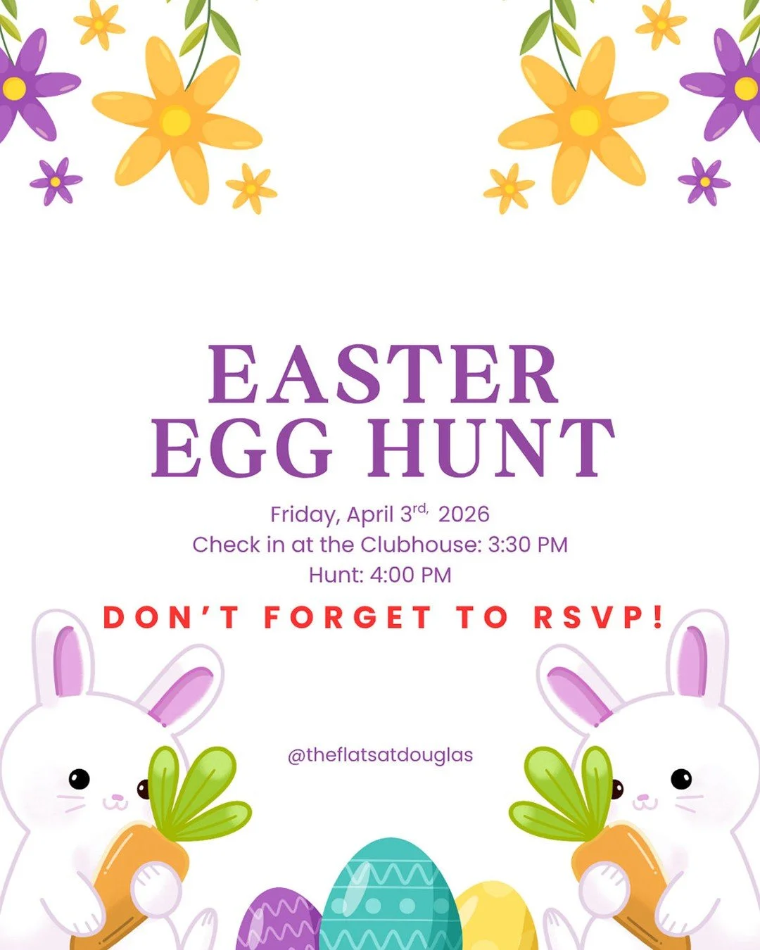 Hey Residents! Today is the last day to RSVP for our upcoming Easter Egg Hunt! Please email us at info@flatsatdouglas.com and let us know how many childeren you have coming. Looking forward to seeing all of our little residents! #hoppyeaster #eastere