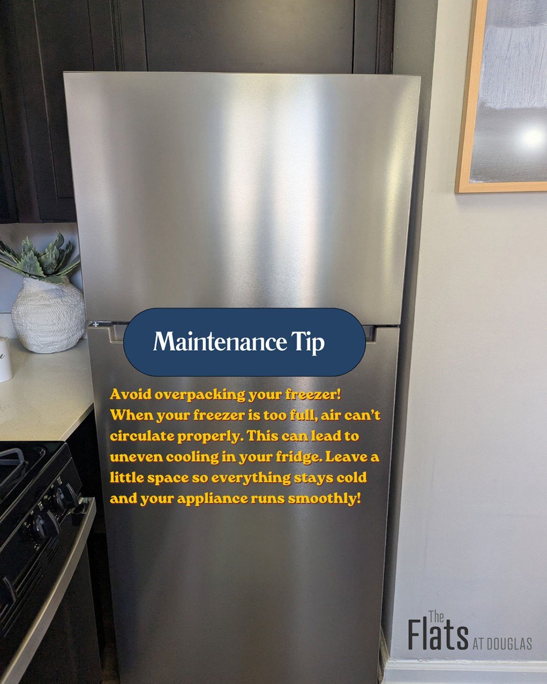 Happy Hump Day Residents! Keep your freezer and fridge running smoothly by making sure you aren't packing it full. Let us know in the comments what your favorite freezer treat is! #flatsatdouglas #lovewhereyoulive #tips