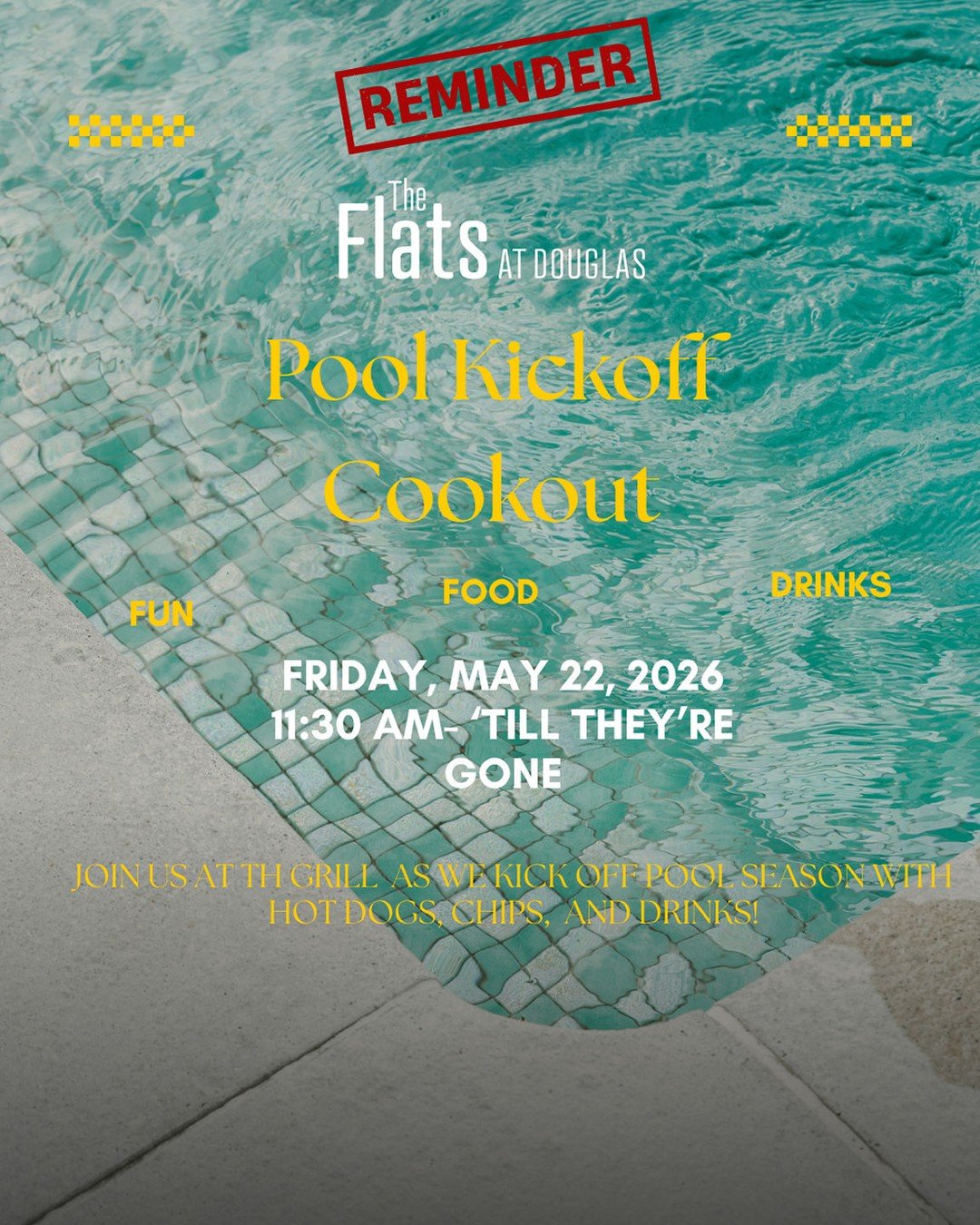 Hey Residents! Don't forget- this Friday is our Pool Kickoff Cookout! Hope to see ya there! 🌭🏊&zwj;♂️🎊
#theflatsatdouglas #residentevents #cookout #poolseason #lovewhereyoulive