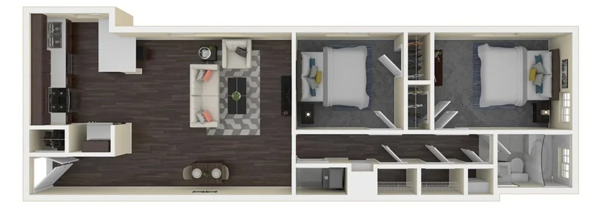 Top-down view of a one-bedroom apartment with an open kitchen, living room, two bedrooms, a bathroom, and a small balcony.