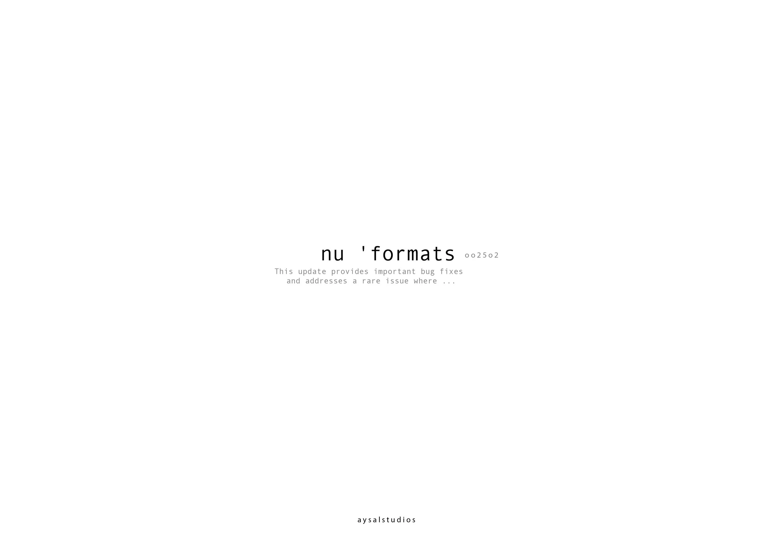 Cover page of a document titled 'nu 'formats' with a subheading about an important bug fix update, on a white background.