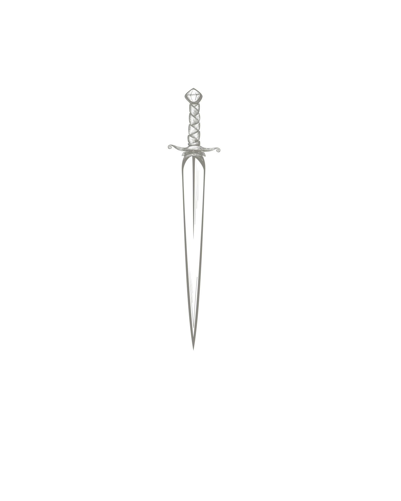 A black background with a white illustration of a sword with a diamond-shaped gemstone on the handle.