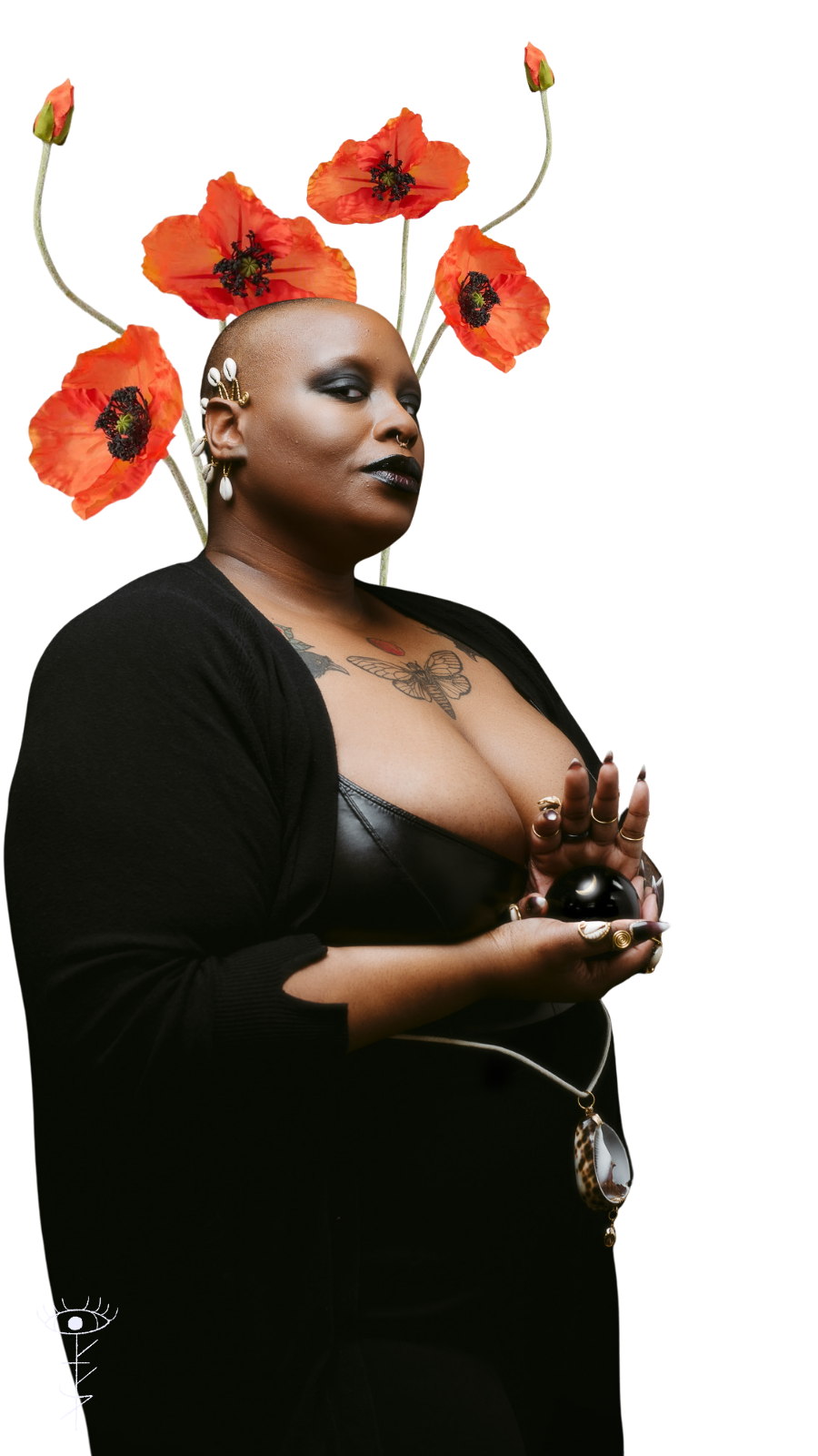 Samar holding a black crystal ball with orange-red poppies behind her.