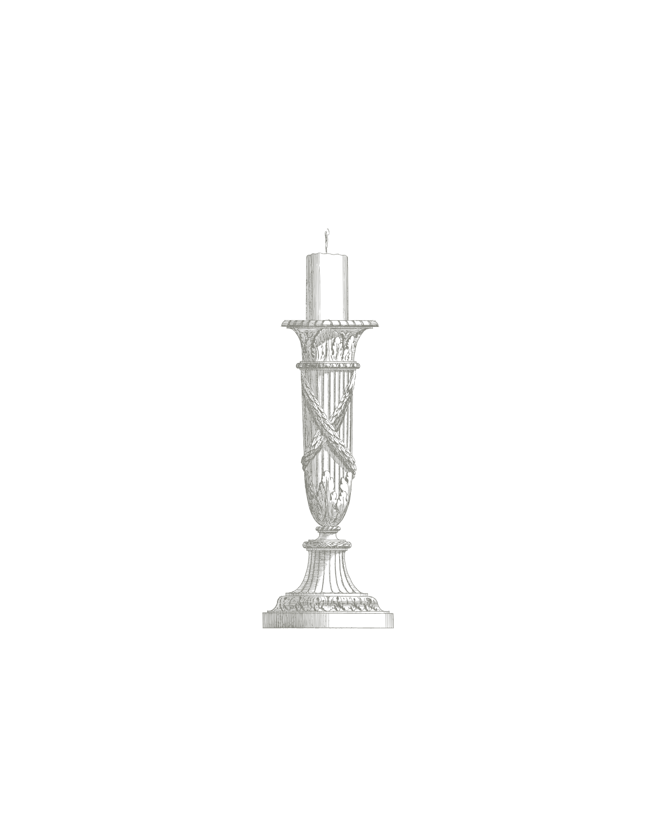 A gray illustration of an unlit candle in an ornate candlestick holder against a black background.