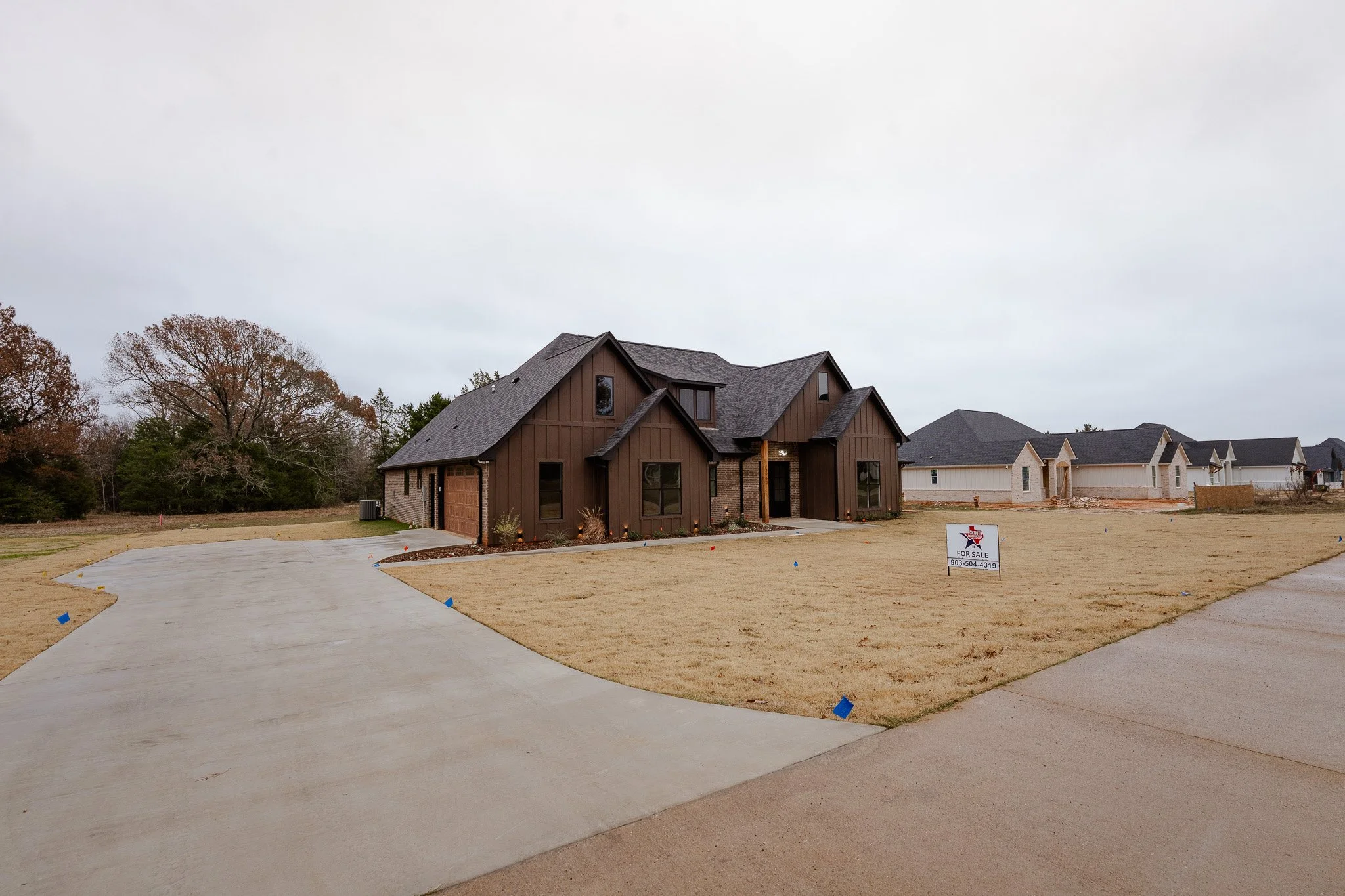 Newly built house with a brown and dark gray exterior, driveway, and yard with a 'For Sale' sign.