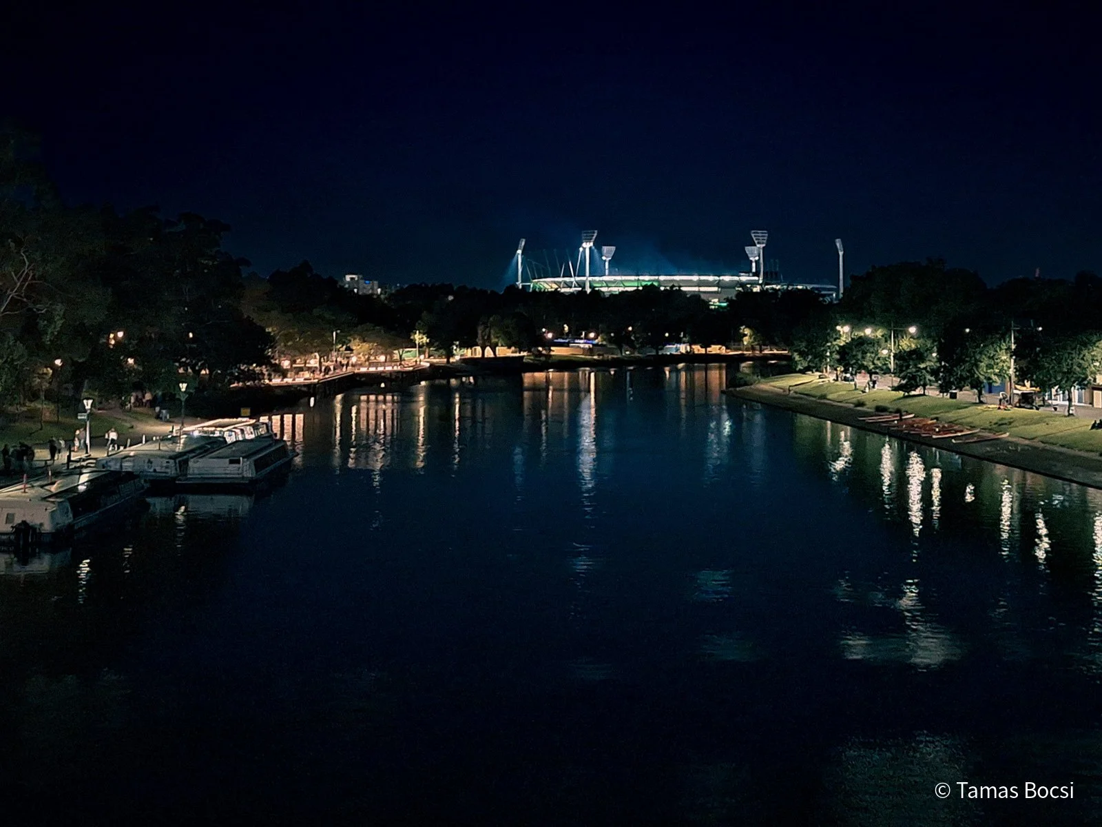 Melbourne Storm Rugby League Club from Yarra River - at night