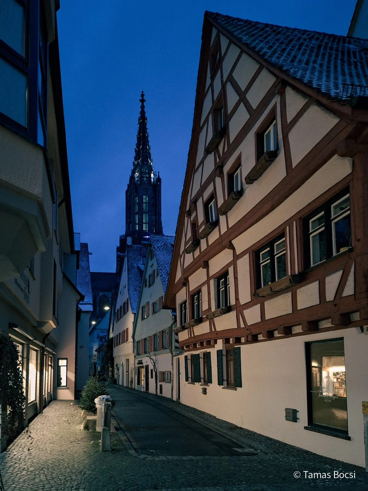 Street in Old town & Ulm Minster - at night