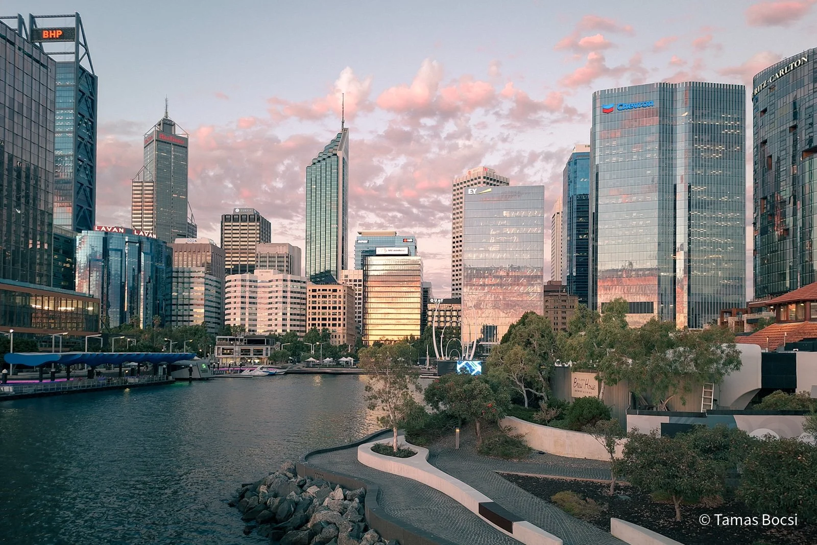 Skyline of modern city with high-rise office buildings around water with a walkway and some trees in the foreground