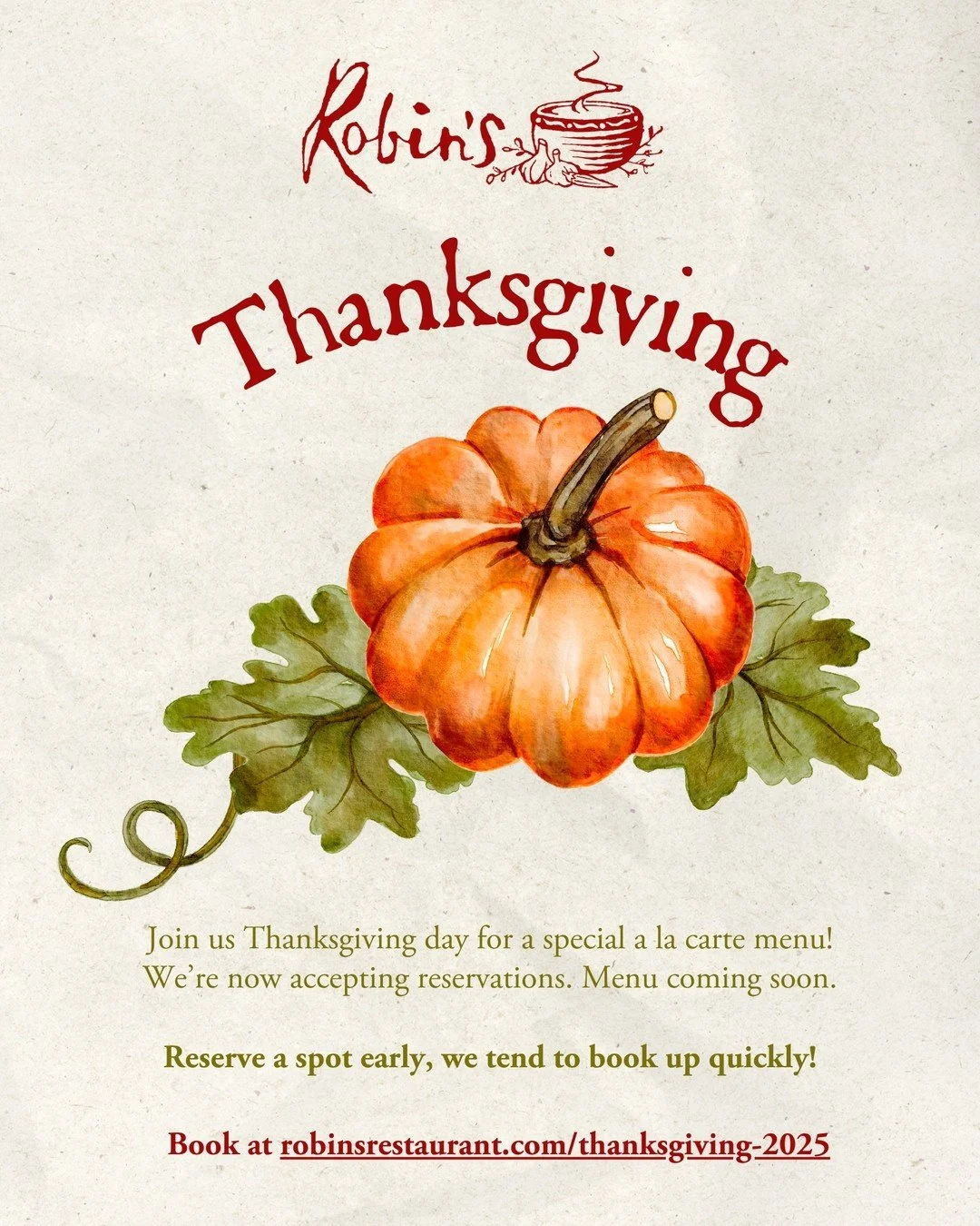 Thanksgiving reservations are now open! Reserve by visiting the link in our bio - we tend to book up quickly! Our menu will be similar to last year's. Stay tuned for menu details. We look forward to celebrating with you! 🍂