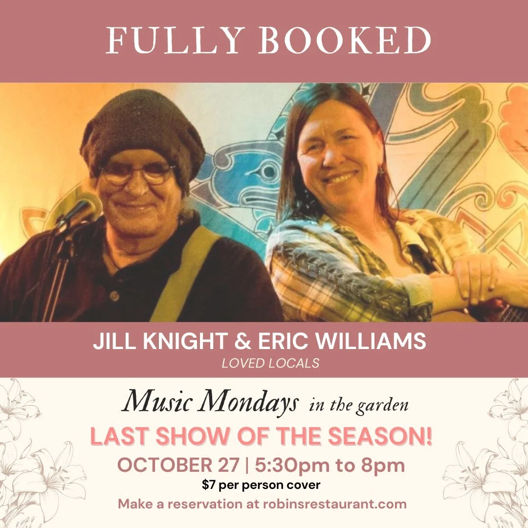 This is it, folks, our last Music Monday of the season and we are FULLY BOOKED! 🎶
We’re closing out another incredible summer of live music in the garden with the beloved Jill Knight & Eric Williams, the same duo who opened the season with