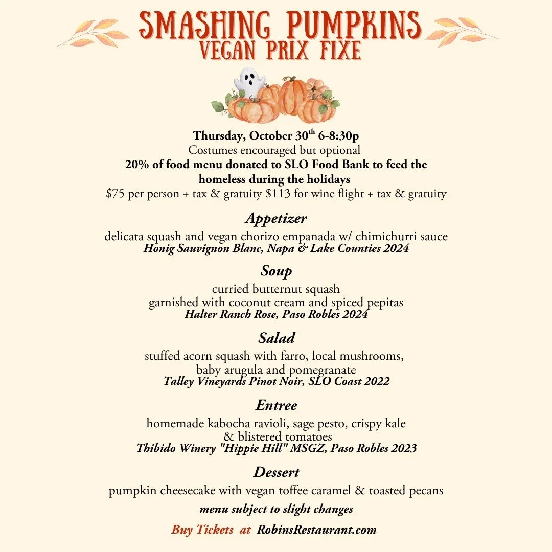 This is our final call for our Smashing Pumpkins Vegan Prix Fixe! 🍂 We can&rsquo;t wait to share this cozy autumn evening with you in just two days! Featuring wines from: Featuring wines from:  @honigwine, @halterranch, @talleyvineyards and @thibido
