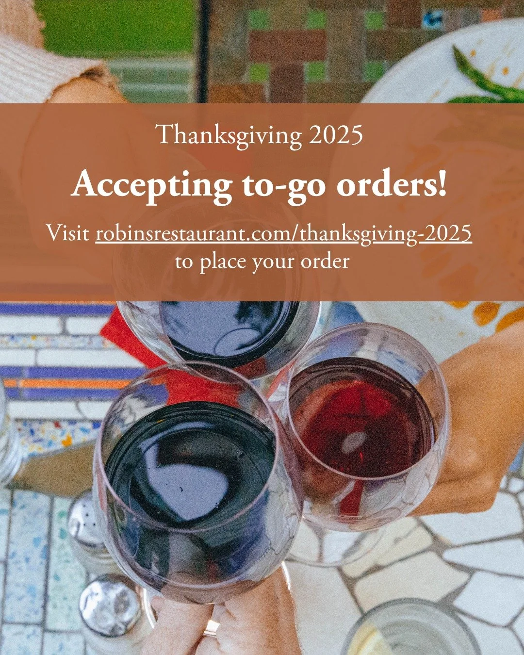 Although we are fully booked for Thanksgiving, you can still enjoy Robin&rsquo;s flavors at home. 🍂 We are offering Thanksgiving Takeout! 

Place your order by November 25th at 4 PM by visiting robinsrestaurant.com/thanksgiving-2025, and let us help