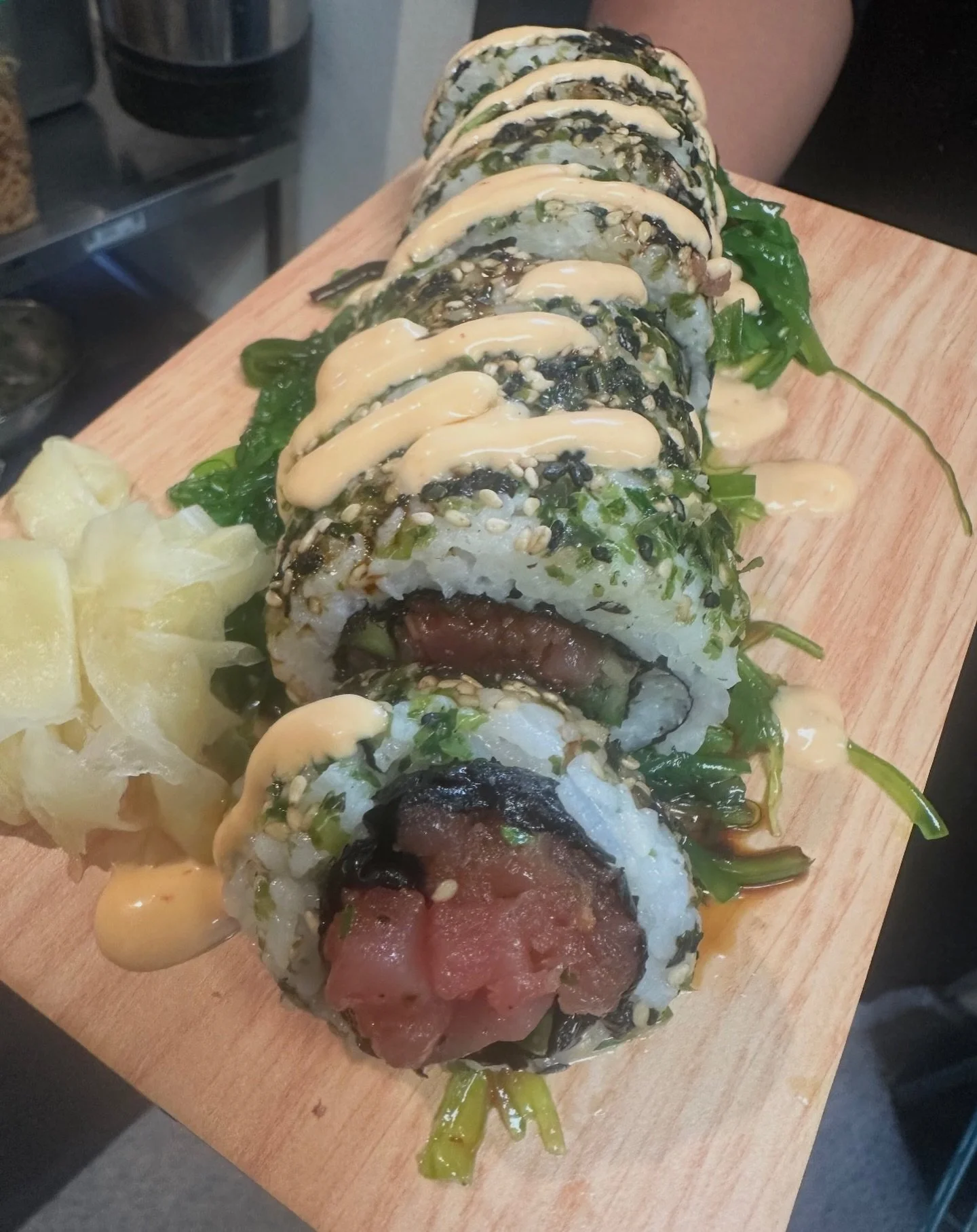 It's sushi roll Friday! Our roll tonight is a spicy salmon roll with jalape&ntilde;o, cucumber &amp; avo, and unagi sauce. 🍣