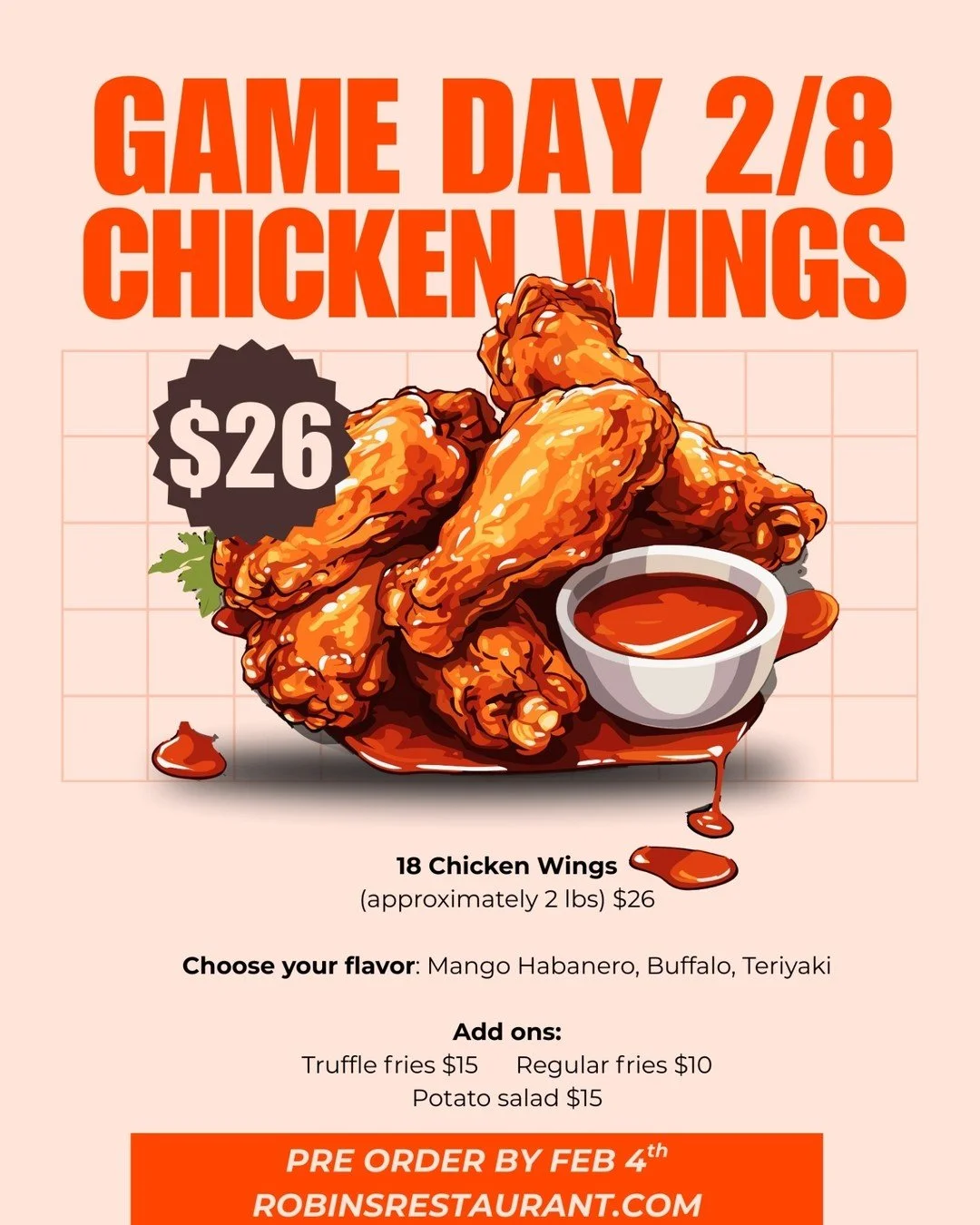 Planning your Super Bowl spread? Let us take care of it! 🏈

Our Game Day special includes 18 chicken wings (approximately 2 pounds) for $26, with your choice of Mango Habanero, Buffalo, or Teriyaki. Add truffle fries, regular fries, or our house-mad