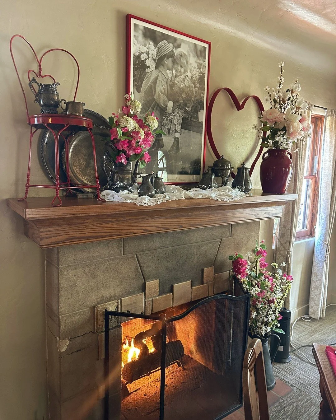 Our mantle is dressed for Valentine's!💘 We are excited to welcome you back tomorrow when we reopen with regular hours!