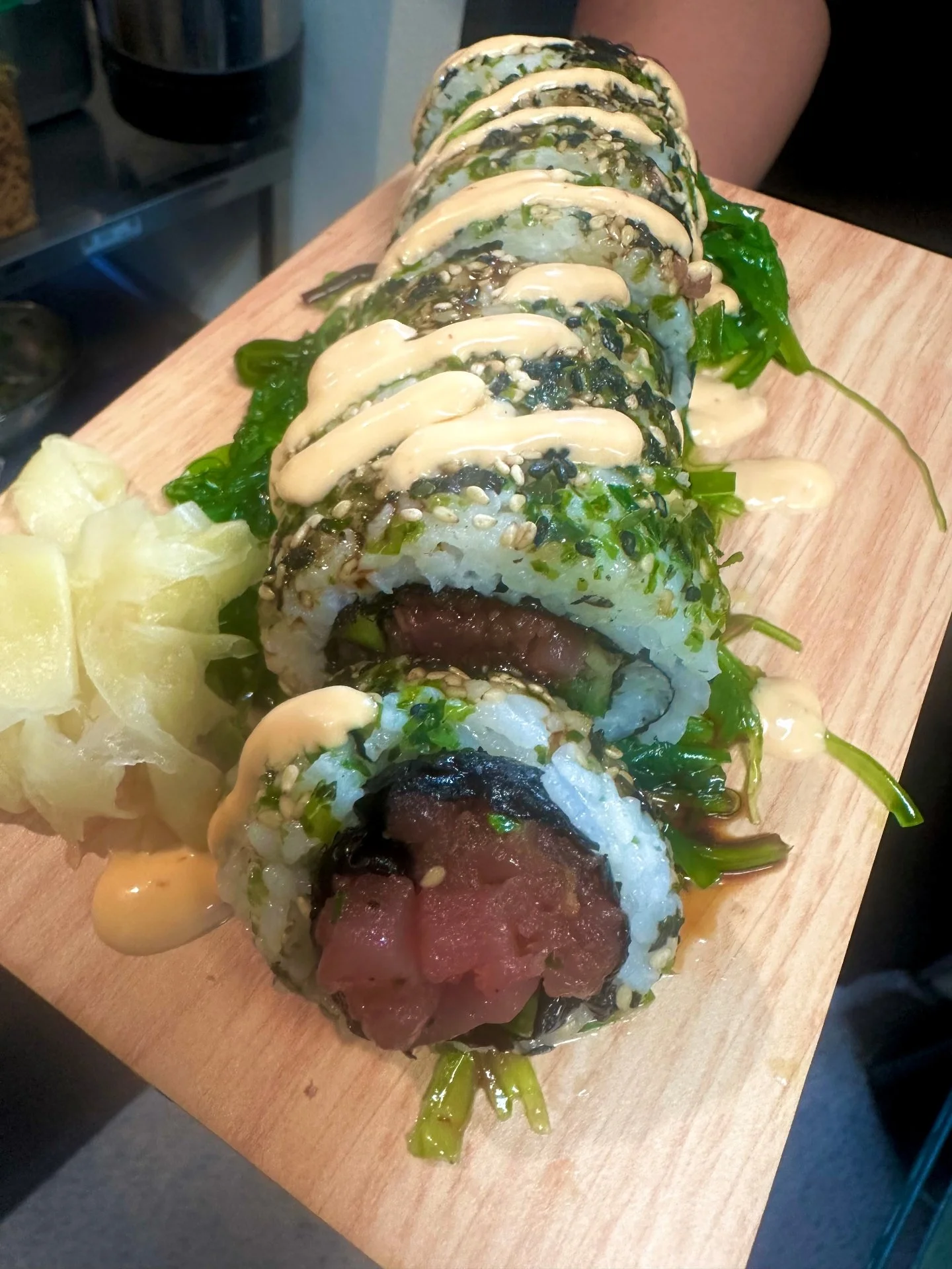 Tonight&rsquo;s feature for Sushi Roll Friday: our Spicy Tuna Roll. 🍣 Ahi tuna tossed with sriracha and chili oil, layered with togarashi, fried garlic, creamy avocado, jalape&ntilde;o, and crisp cucumber. Wrapped in nori and sticky rice, then finis