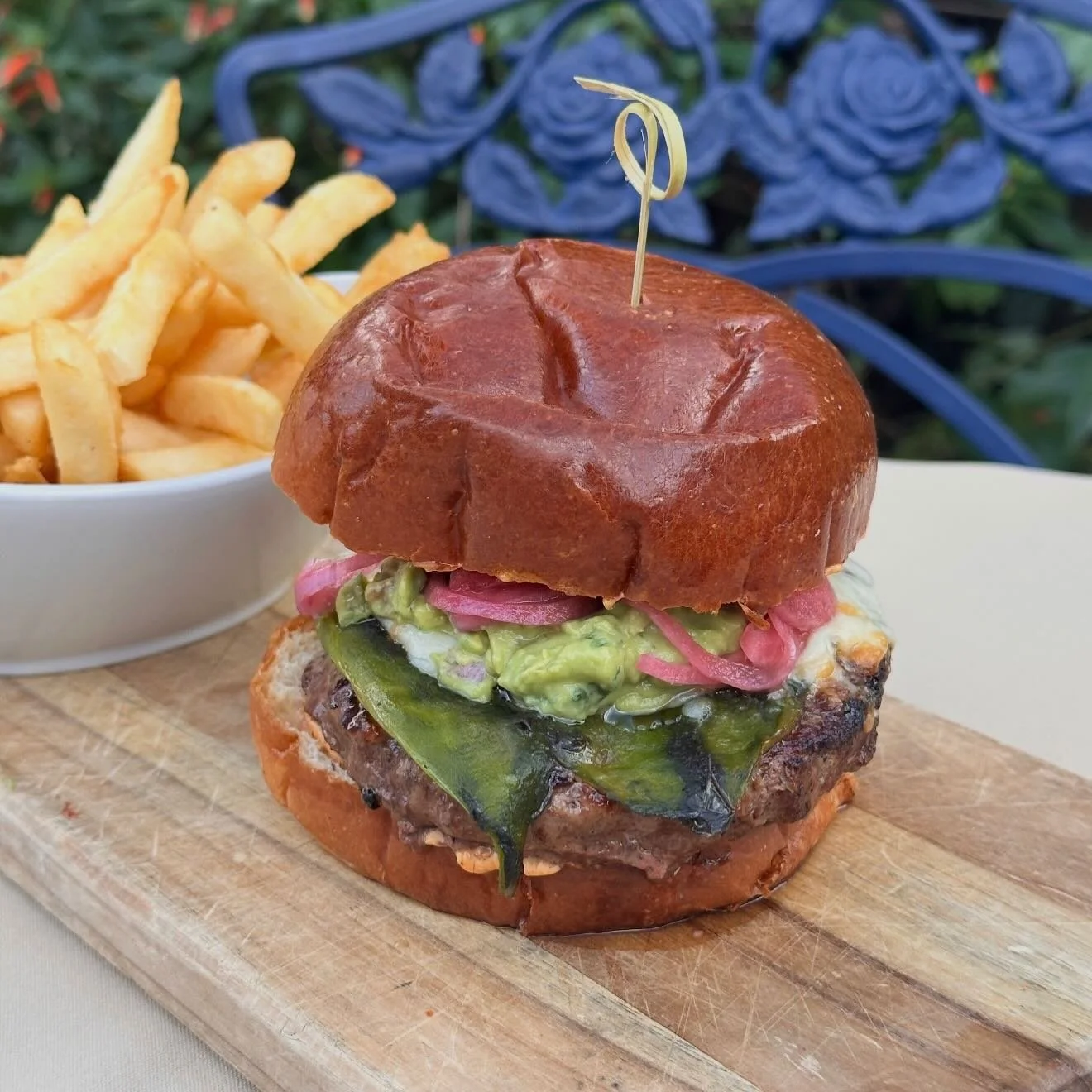 Join us tonight for Burger Tuesday to enjoy our specialty Santa Fe Burger made with a Hearst Ranch 100% Grass Fed Patty, Roasted Green Chili, Avocado, White Cheddar, Lettuce, Tomato, served on a Brioche Bun.