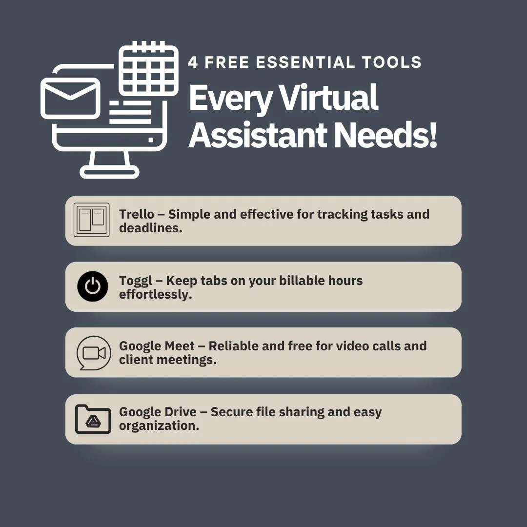 4 FREE Tools Every Virtual Assistant Needs to Succeed!✨

Looking to stay organized and productive without breaking the bank? These free tools are perfect for streamlining your VA workflow:

1️⃣ Trello &ndash; A user-friendly project management tool t