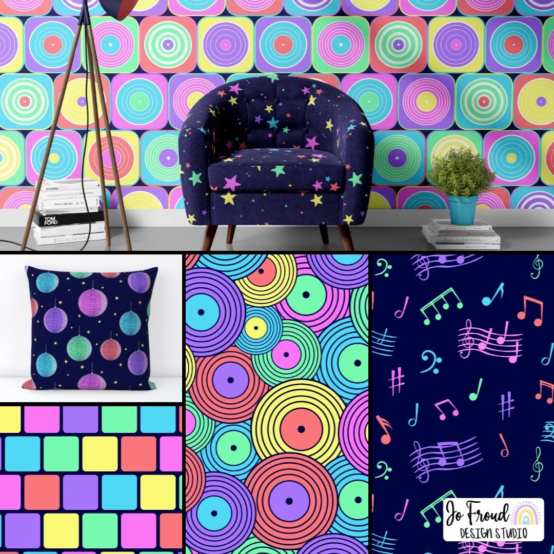 This latest pattern collection was so much fun to create, I just love all of the bright colours. 

Available for licensing now or to purchase as fabric and wallpaper on @spoonflower

#retropatterns #partyvibes #discowall #wallpaper #graphicdesign #su