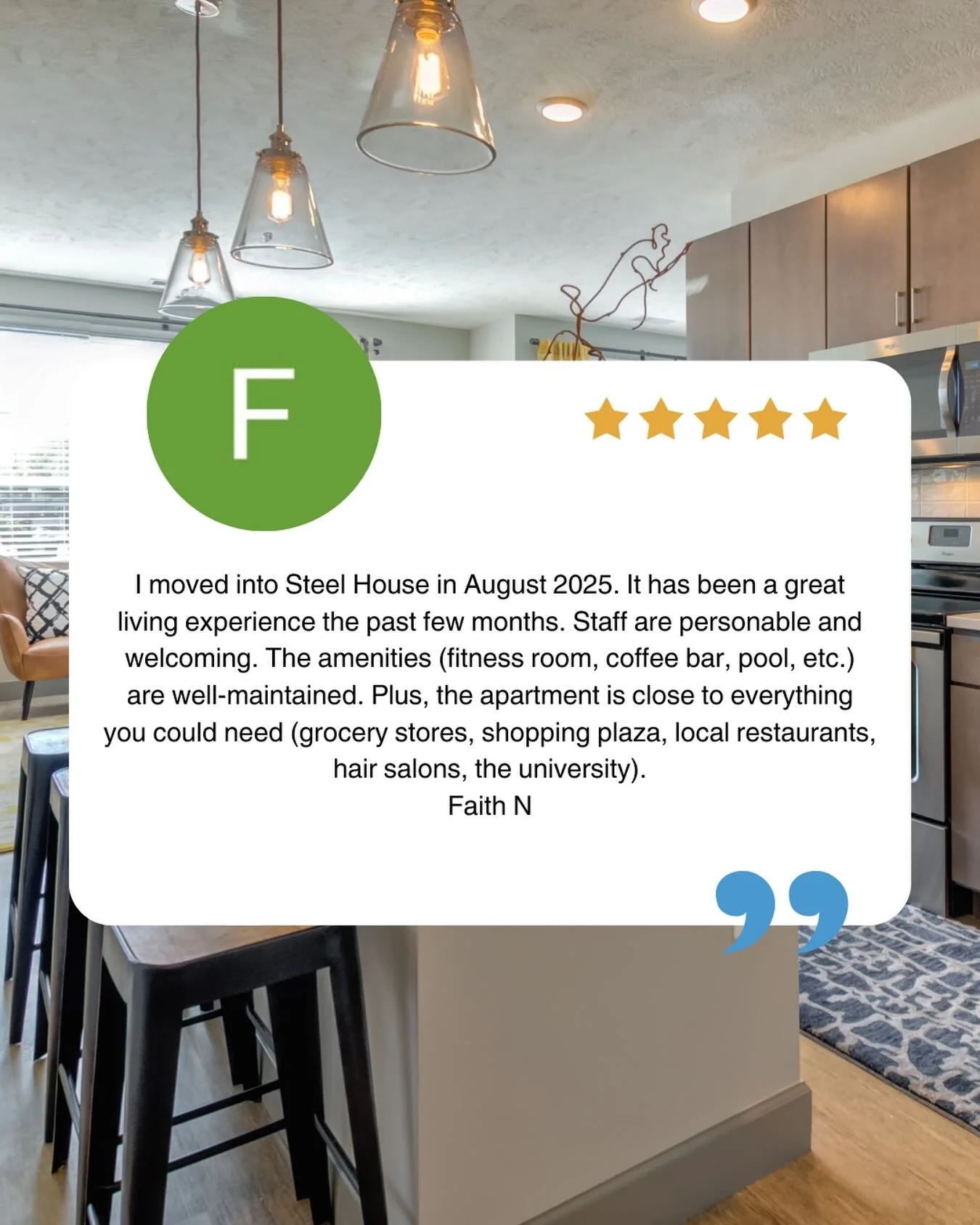 Five stars and feeling so grateful ⭐⭐⭐⭐⭐

Huge thank you to Faith for the kind words! We love hearing that our residents are enjoying the amenities, our welcoming team, and our unbeatable location close to everything you need. From morning coffee at 