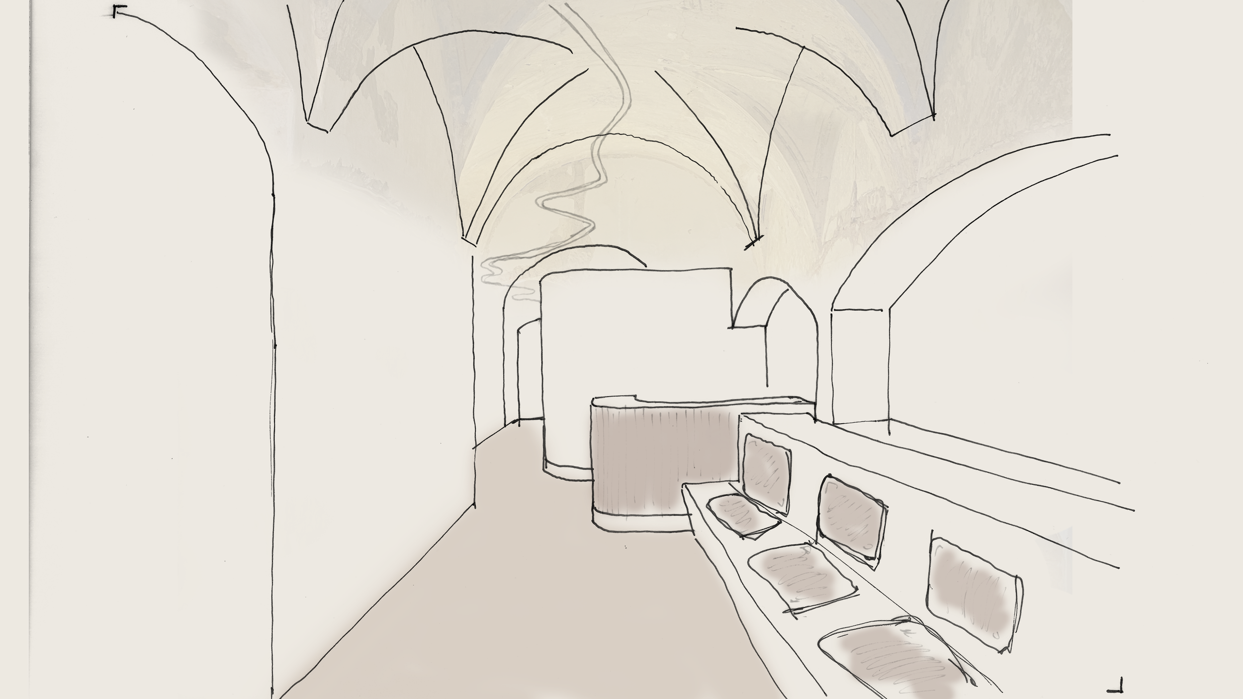Hand-drawn sketch of a doctor's office interior under vaulted ceilings; spatial concept