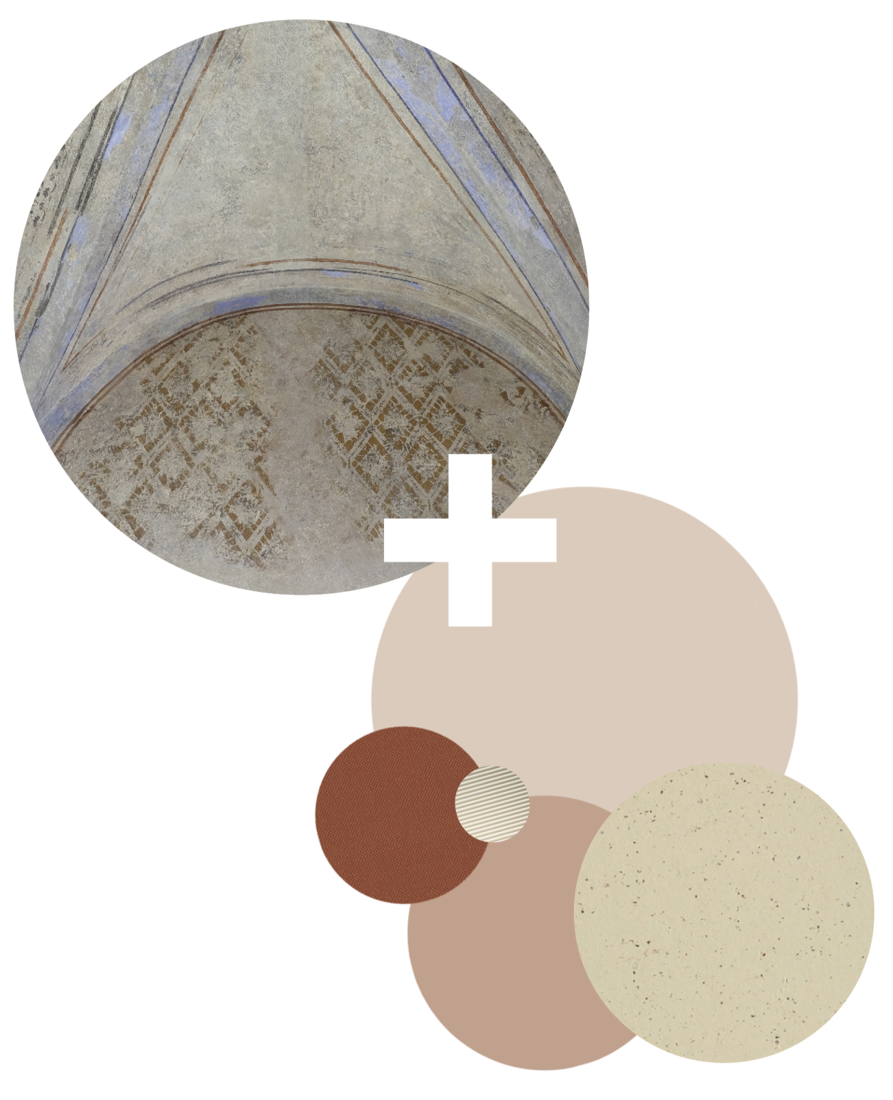 Material and color concept based on pigments uncovered by probes: lime, earth tones, and dusty hues