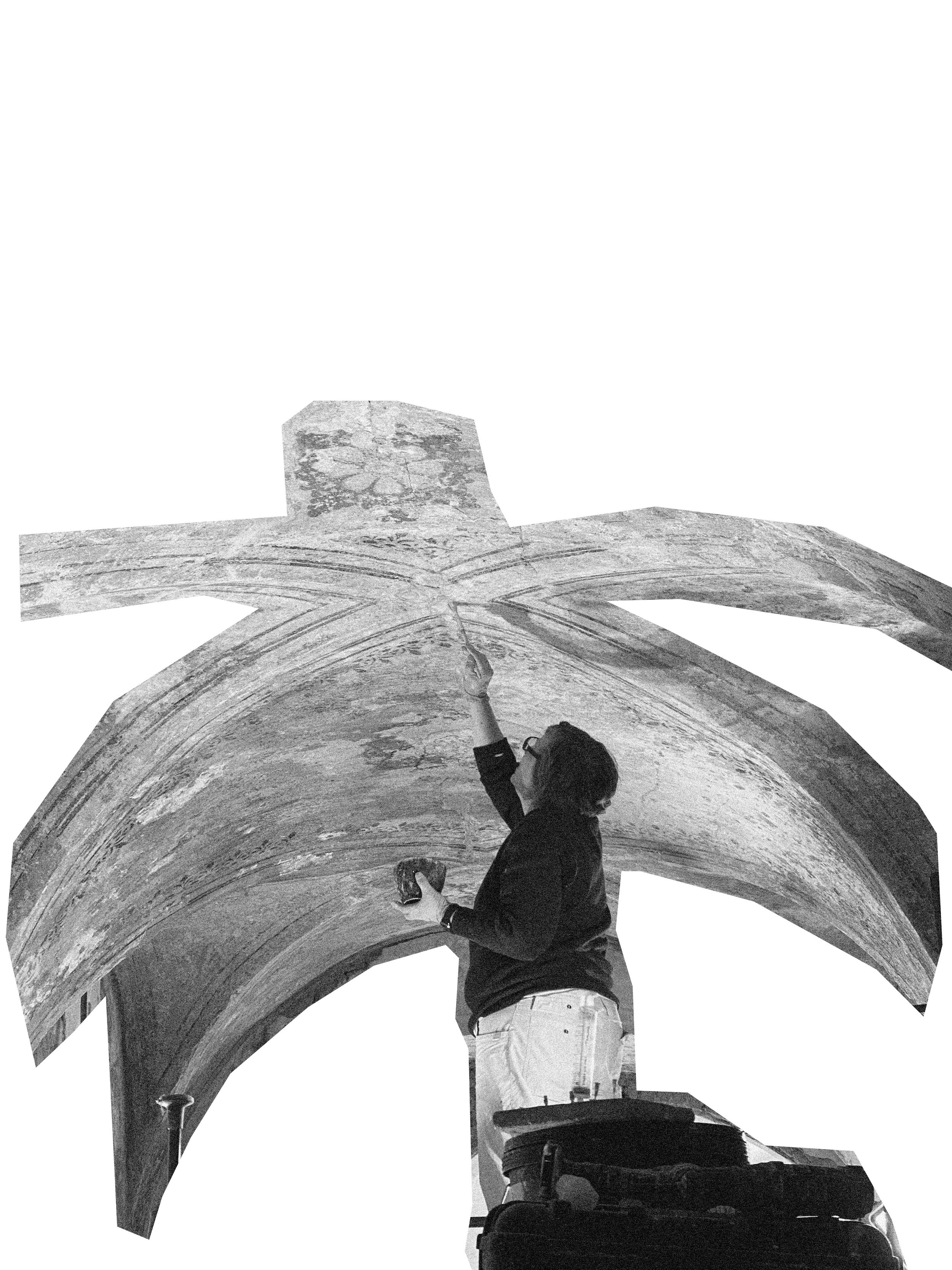 A restorer working on a ribbed vault, black-and-white photograph