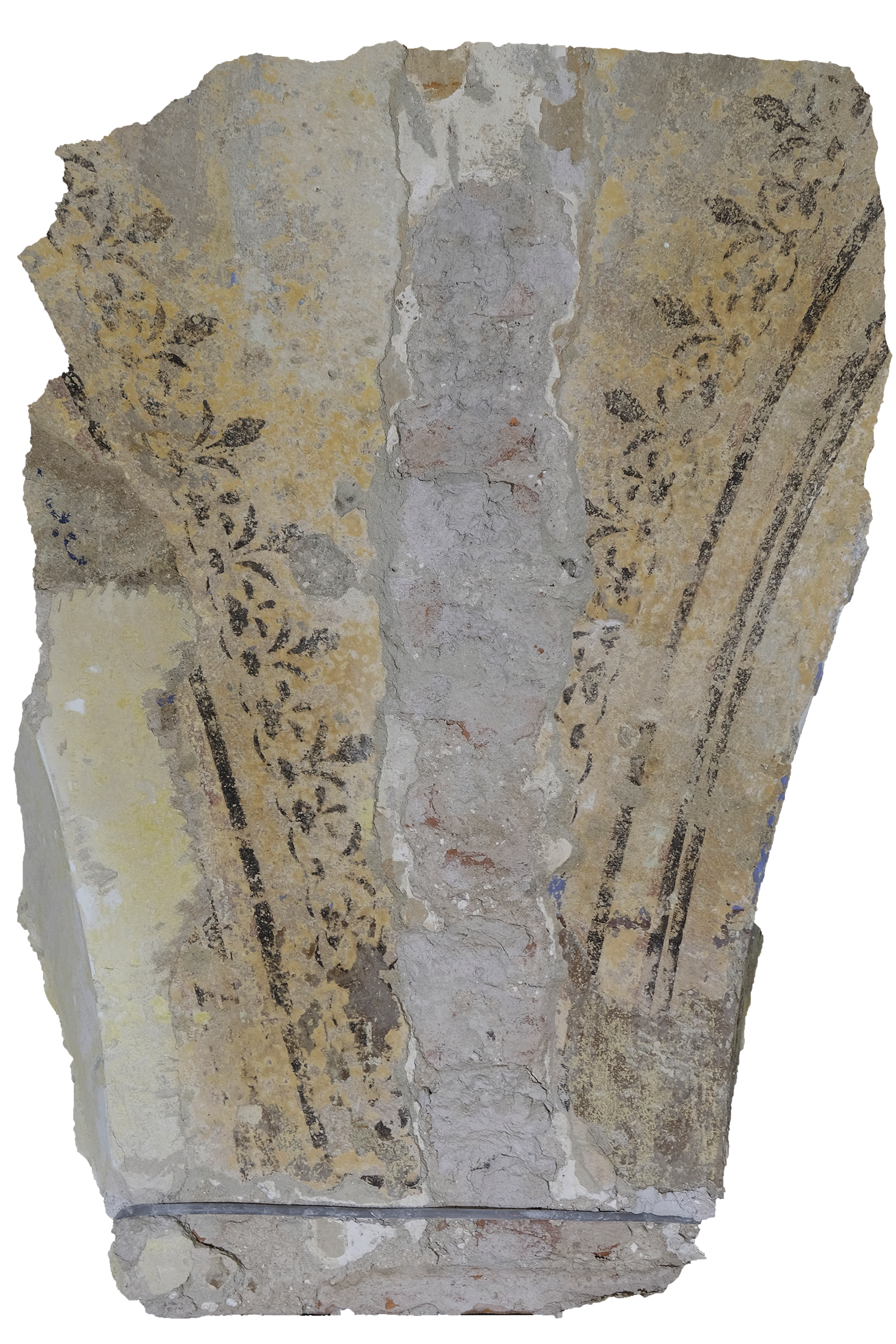 A fragment of historic plaster with stenciled painting, as revealed after restoration work