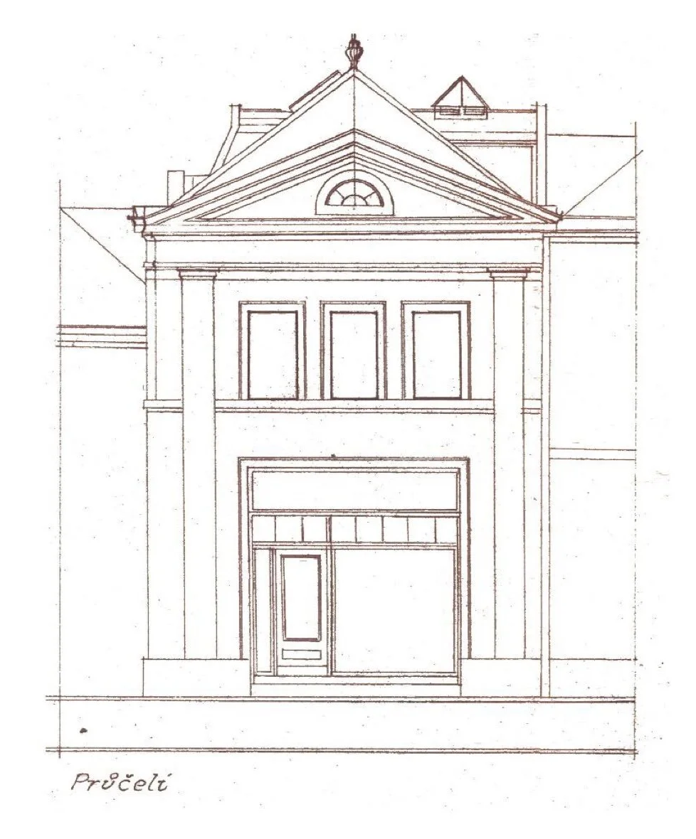 Drawing of the facade of the "Pod štítem" house from the 1928 renovation