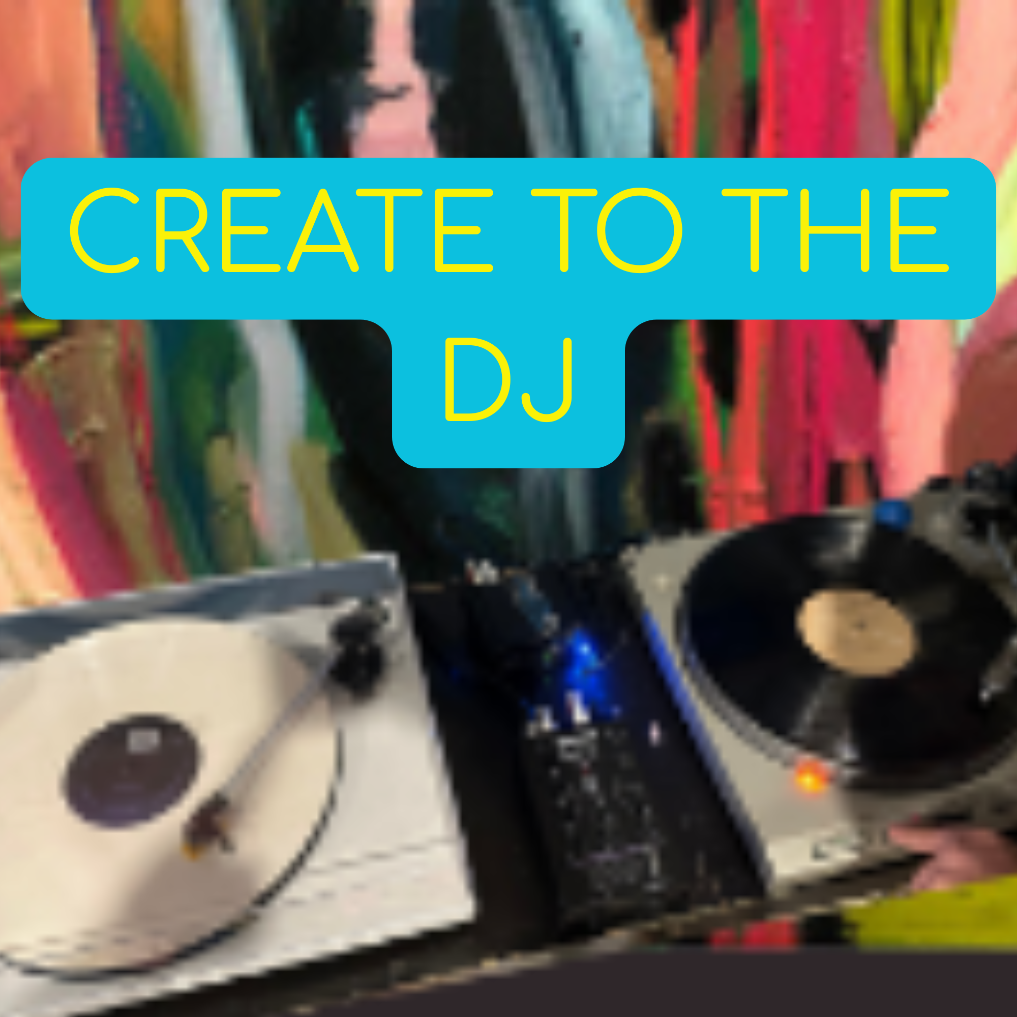 An animated illustration of a woman with blue hair and headphones, djing with turntables, against a colorful abstract background. The text says 'Open Art Studio & DJ' and 'Select Sundays @InCreation Art Studio'.