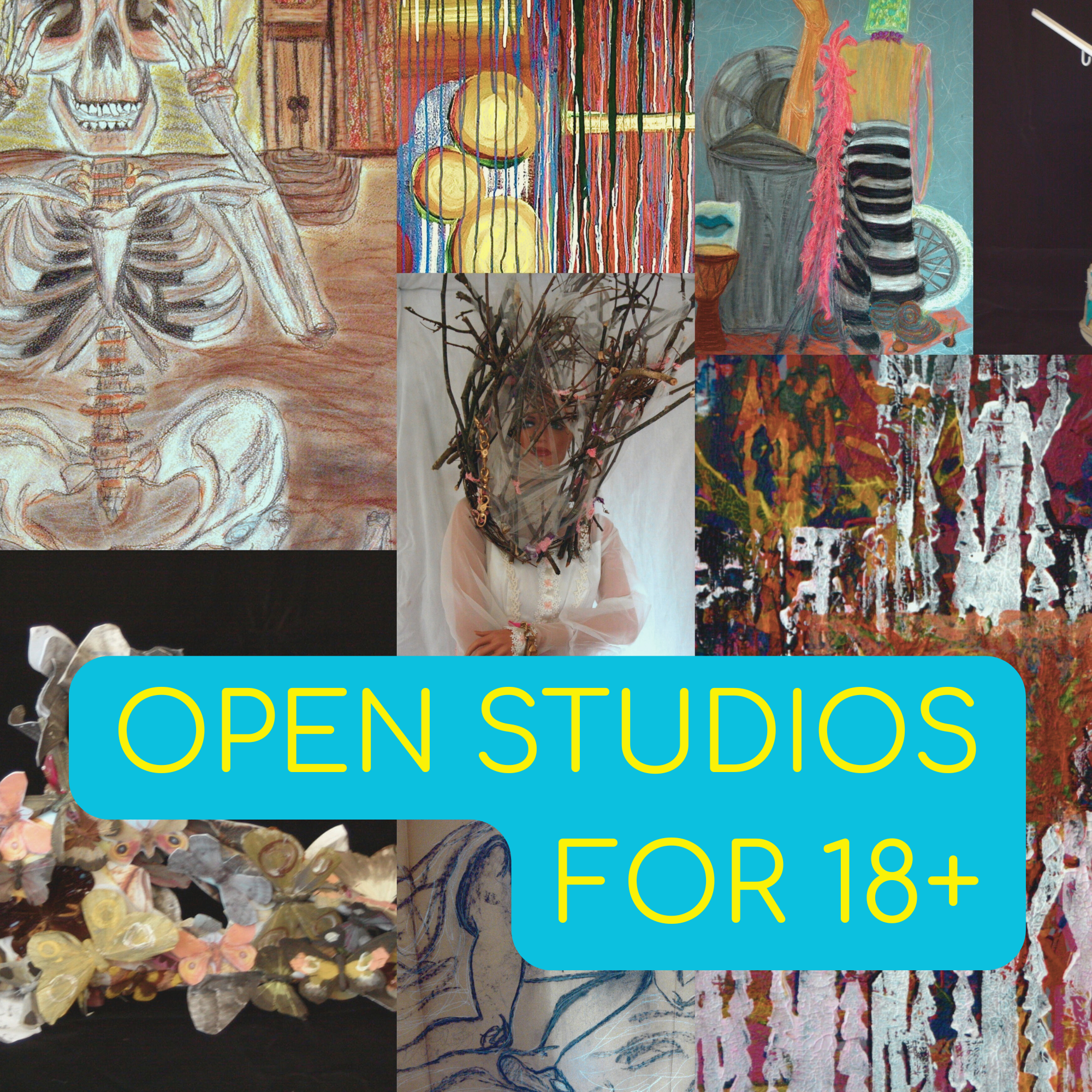 A set of colorful paintbrushes with rainbow-colored paint on the bristles and the text 'Saturday Open Studio Time Ages 18+' displayed on top.