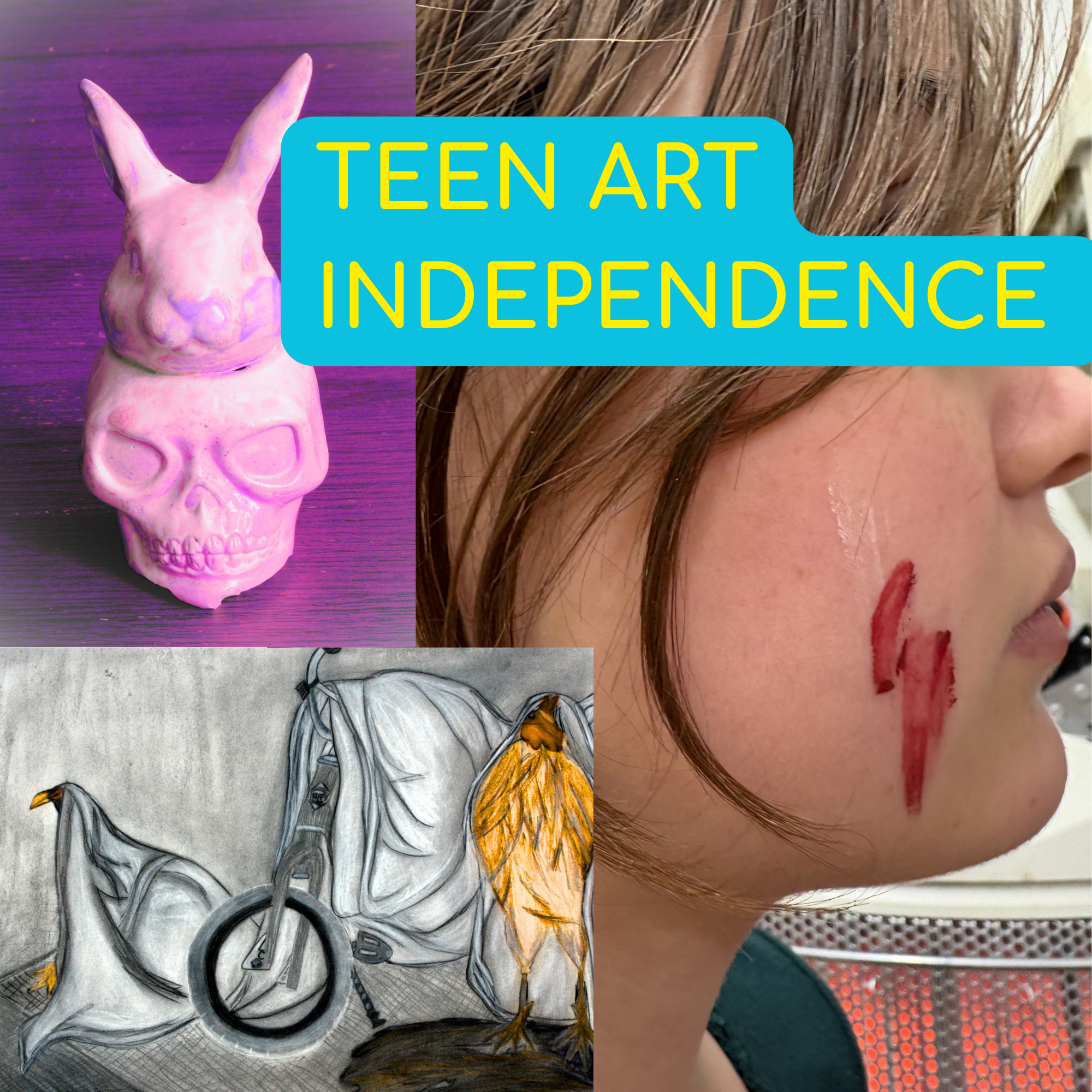 Colorful art supplies and a painted eye in a red frame, with a bunny skull sculpture and a collage of beads and buttons, against a vibrant abstract background, with black text reading "Teen Art Independence."