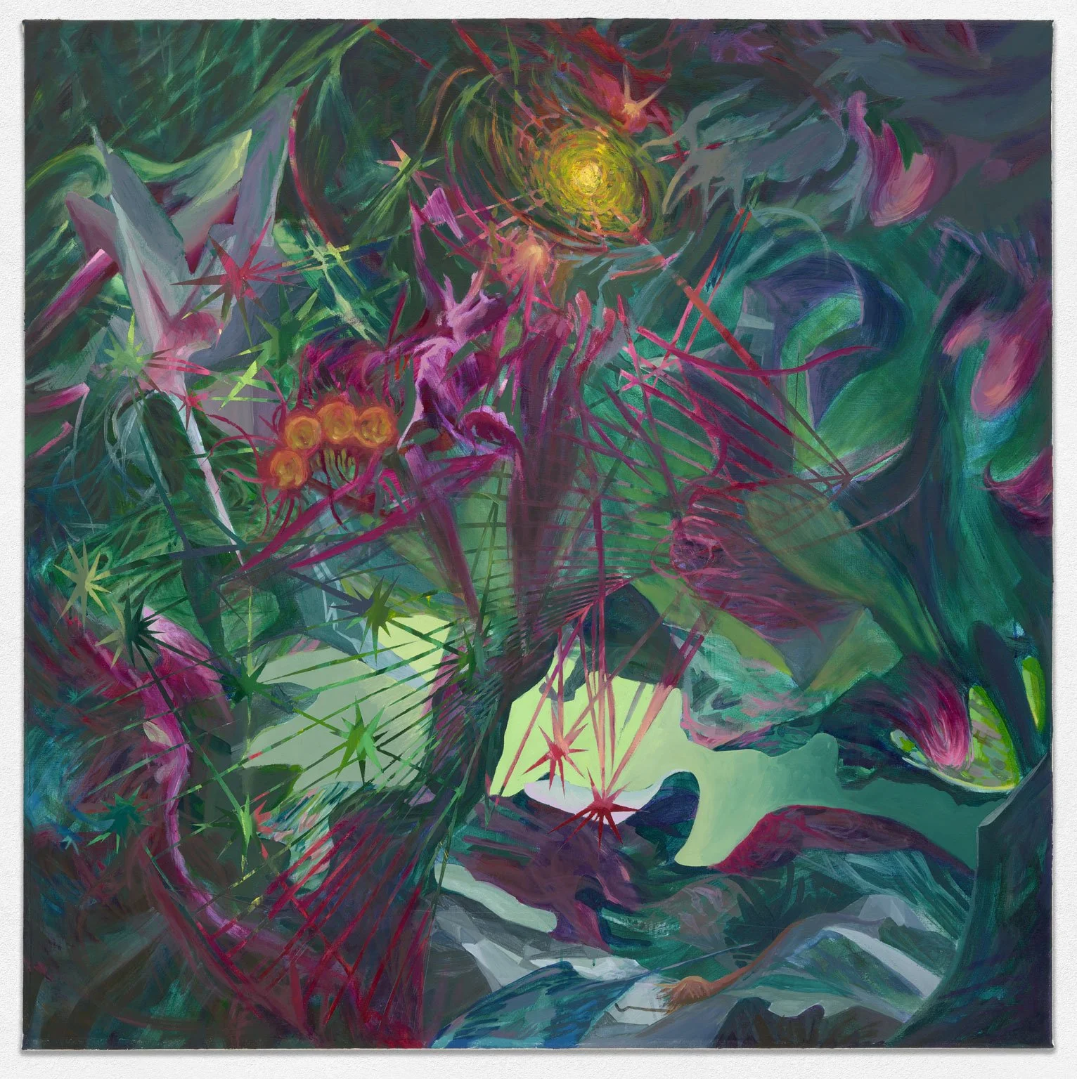 Centripetal Force (Unfurling strands become), 2025. Oil and acrylic on canvas, 48in. x 48in.