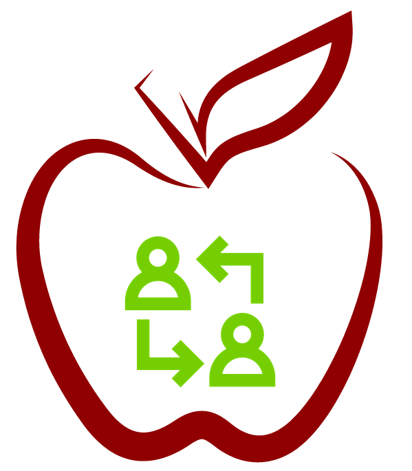 Red apple with green head outlines and arrows