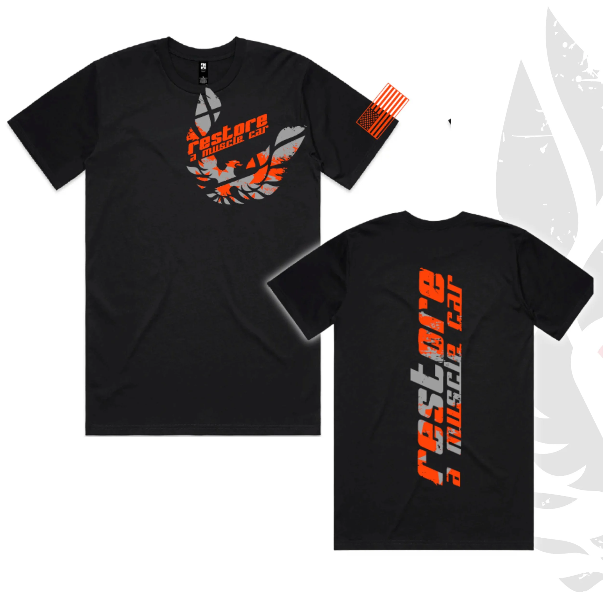 New Release - Restore "Distressed Bird" Premium Black T-Shirt - Orange/Gray Logo