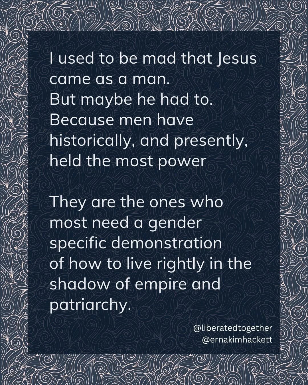 I&rsquo;m tired of Biblical interpretations that act like the Bible has so much to say to women, but then act like it has nothing to say about how men should be doing better. 

Advent starts Sunday, let&rsquo;s journey together. 

#liberatedtogether 