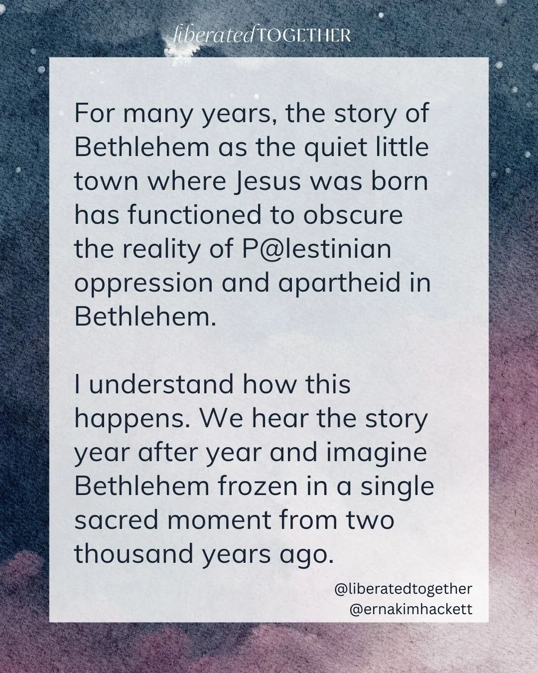 As we spend time thinking about Bethlehem, let&rsquo;s spend time actually thinking about Bethlehem. 

#liberatedtogether #advent #advent2025 #Bethlehem