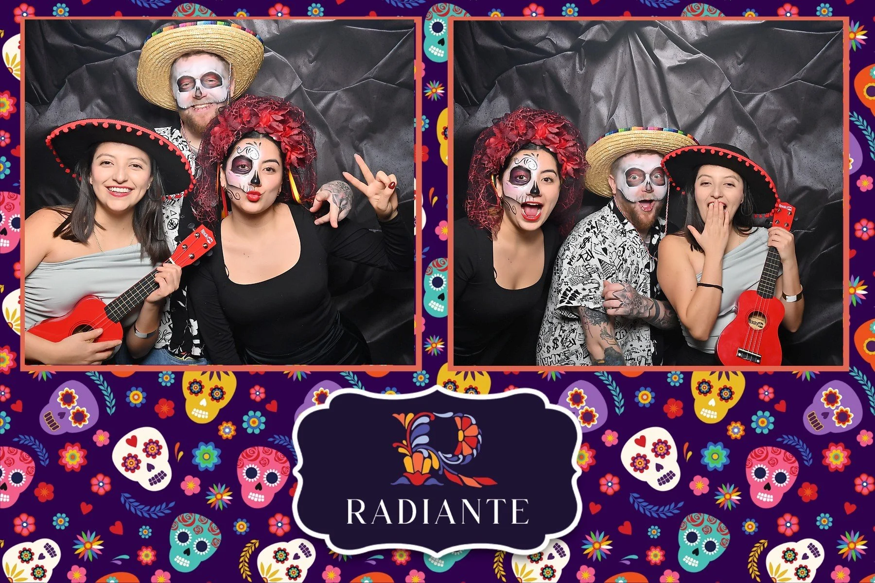 Four people in Dia de los Muertos costumes in a photo booth, two with skeleton face paint and colorful flowers, two with wide-brim hats and guitar props, presenting cheerful and playful expressions, on a background decorated with sugar skulls, flowers, and the 'Radiante' logo.