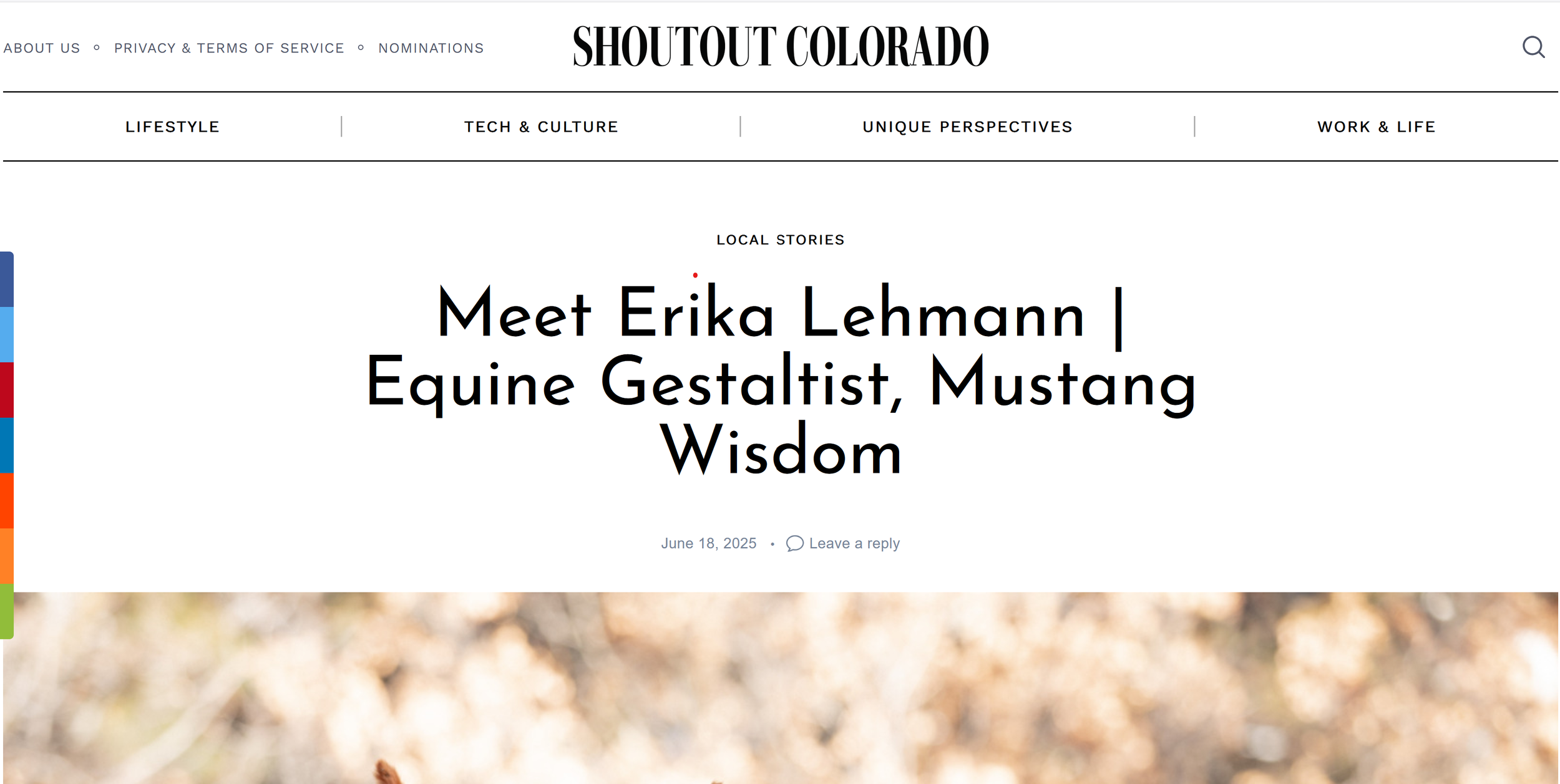 Webpage article titled "Meet Erika Lehmann, Equine Gestaltist, Mustang Wisdom" on Shoutout Colorado, published June 18, 2025, with a blurred background image at the bottom.