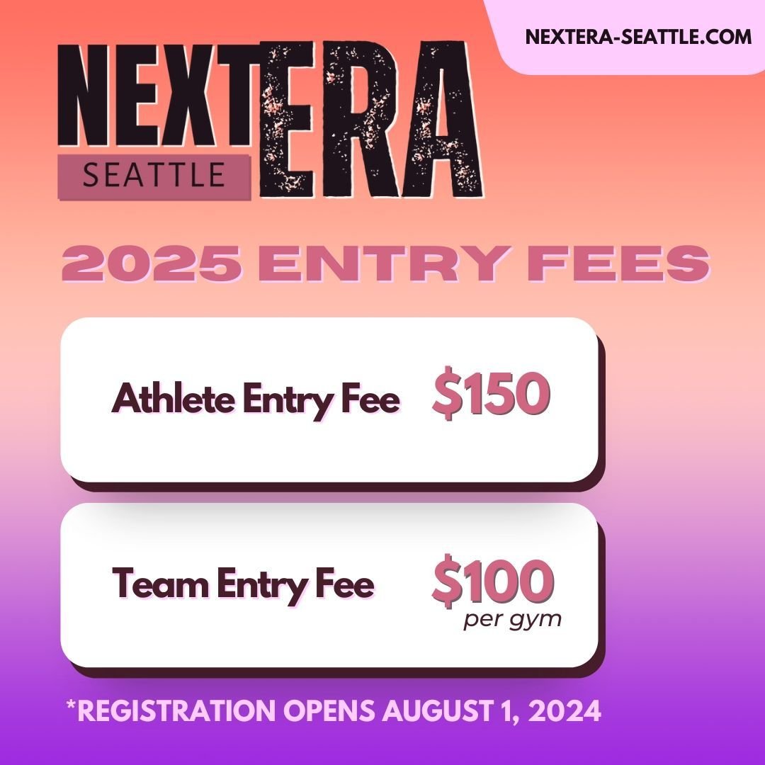 🌟 Next Era - Seattle Announcement!🌟
We're thrilled to announce the entry fees for the Next Era - Seattle 2025 meet:

💜 Athlete Entry Fee: $150 per athlete
💜 Team Entry Fee: $100 per team

🗓️ Mark your calendars because registration officially op