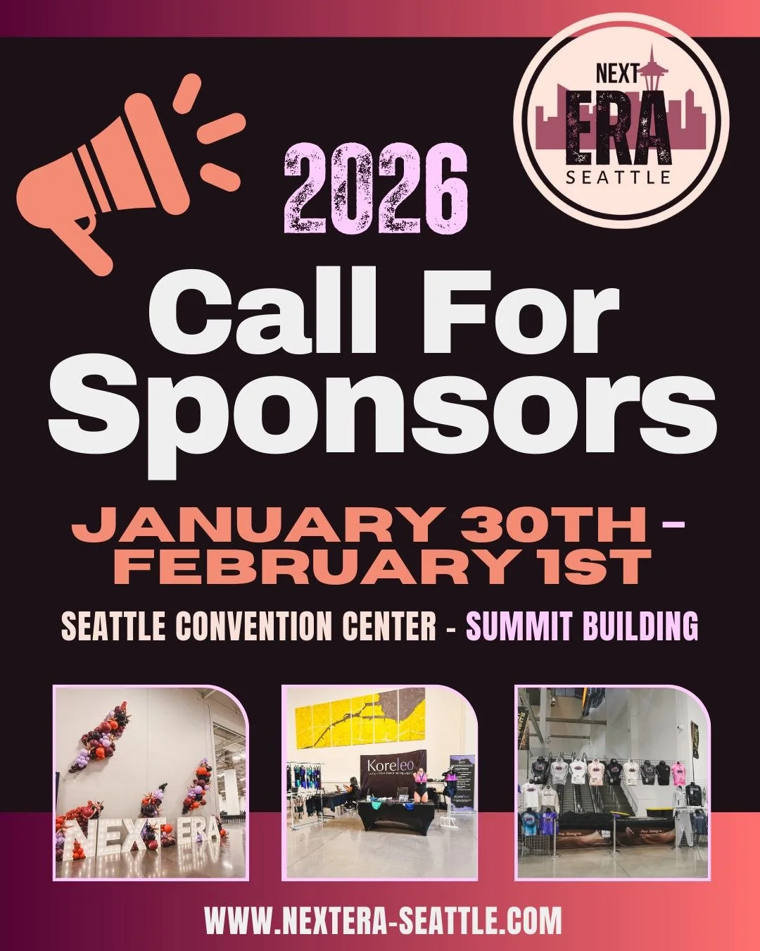 🌟 Sponsorships Are Now Open! 🌟
Next Era Seattle 2026 is right around the corner—and we’re looking for incredible partners to join us!
We offer three unique sponsorship tiers to fit your brand and impact goals. This is your chance to s